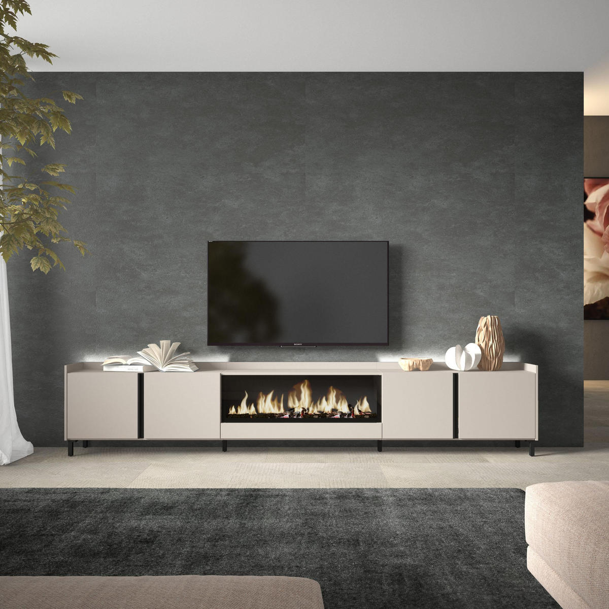 LOWBOARD, Beige, 315/35/61cm, Kamin mit Feuereffekt XXL - Beige, Holzwerkstoff (315/61/35cm) - Skraut Home