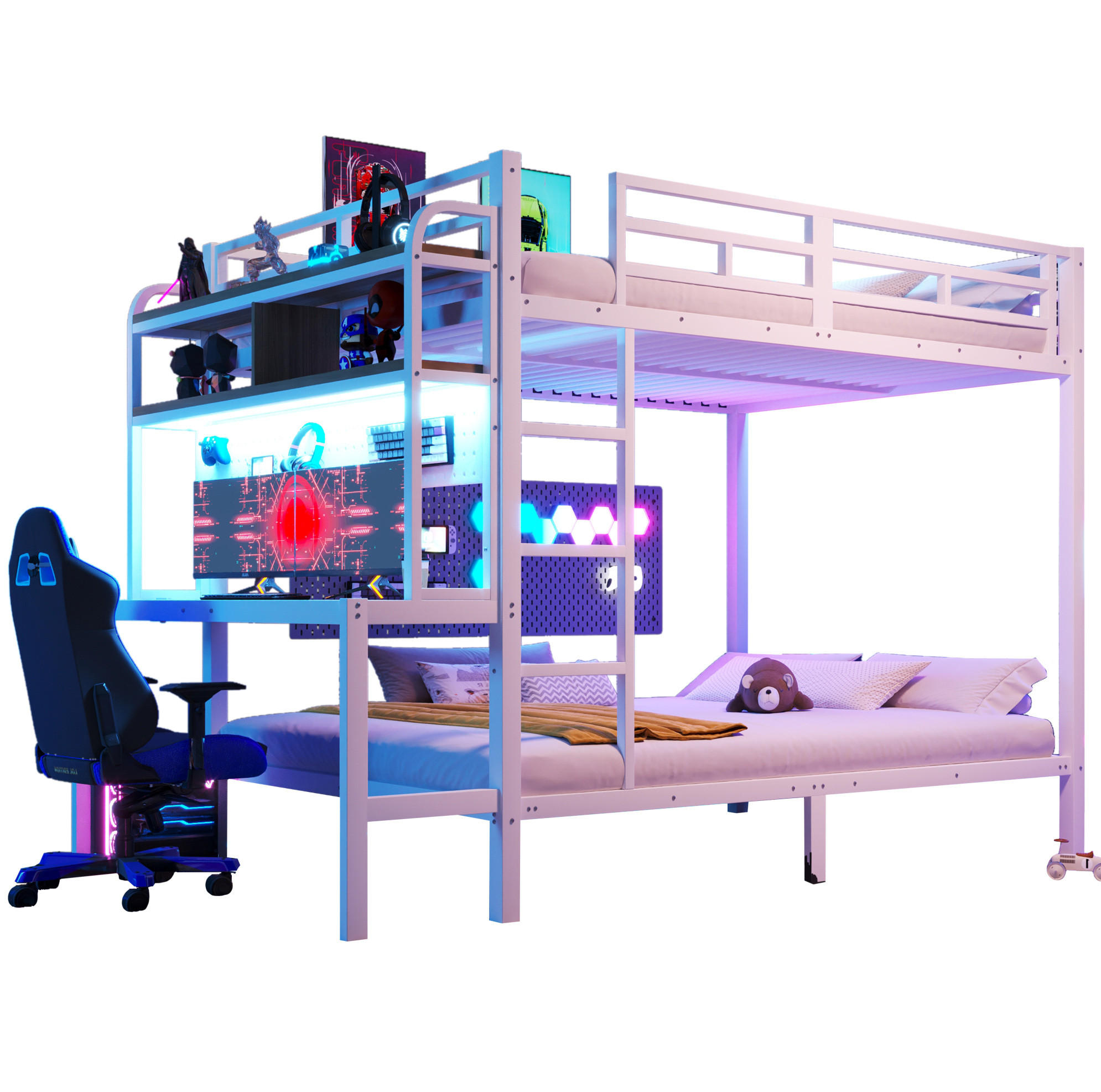 ETAGENBETT 140/200 cm aus Metall mit Schreibtisch, LED-Lichtleiste und USB-Anschluss Weiß - Weiß, Metall (140/200cm) - Modenvie