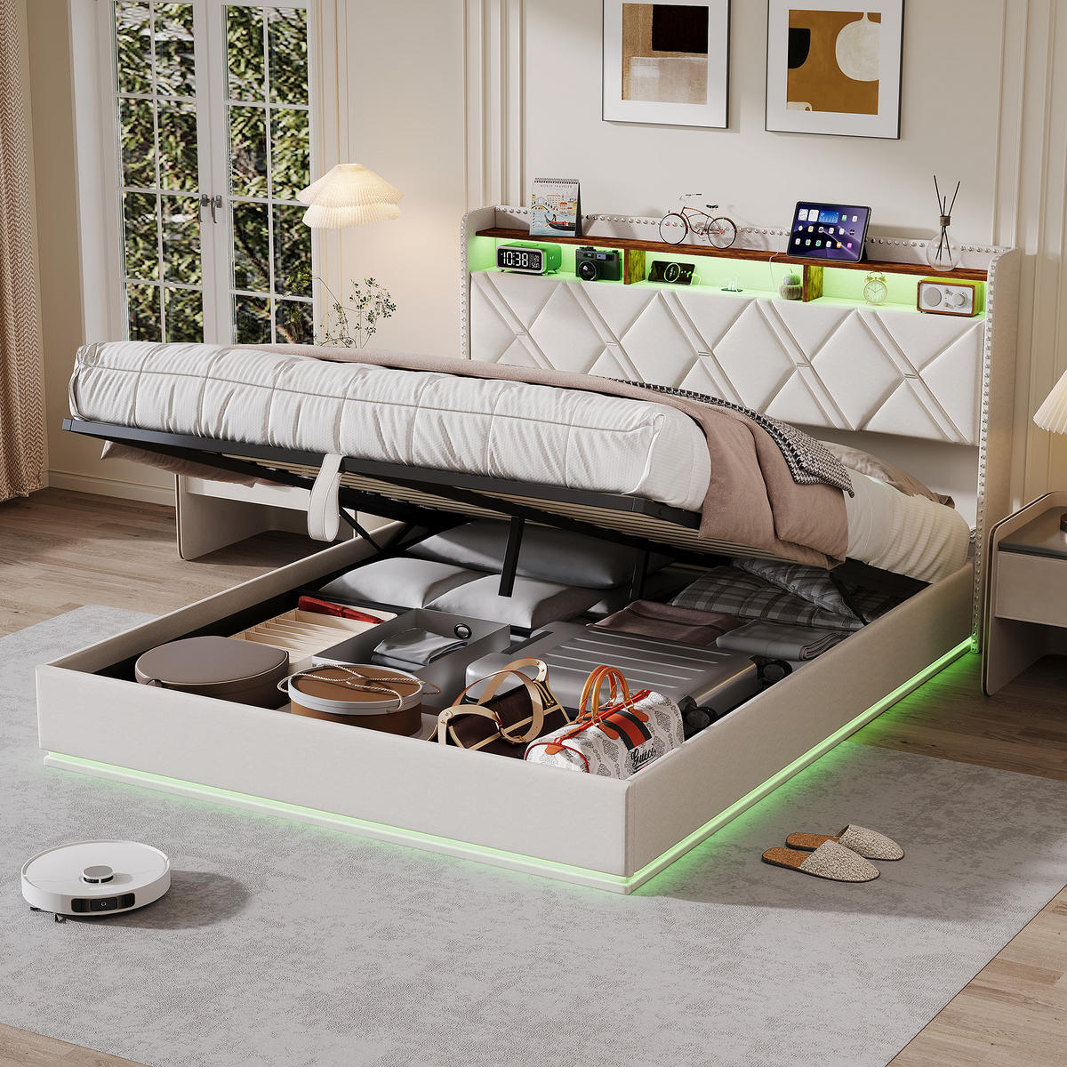 POLSTERBETT 140/200 cm Jugendbett Beige mit verstellbarer LED-Beleuchtung & USB - Beige, Holz/Textil (140/200cm) - PARAFTA HOME
