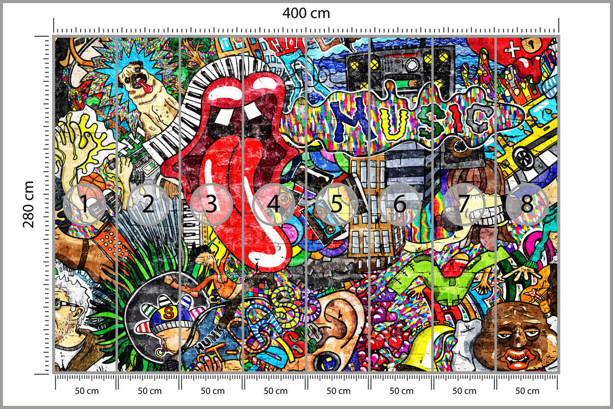FOTOTAPETE für Jugendzimmer GRAFFITI Musik Abstrakt Farben 400x280 - Blau/Gelb, Papier (400/280cm) - Muralo