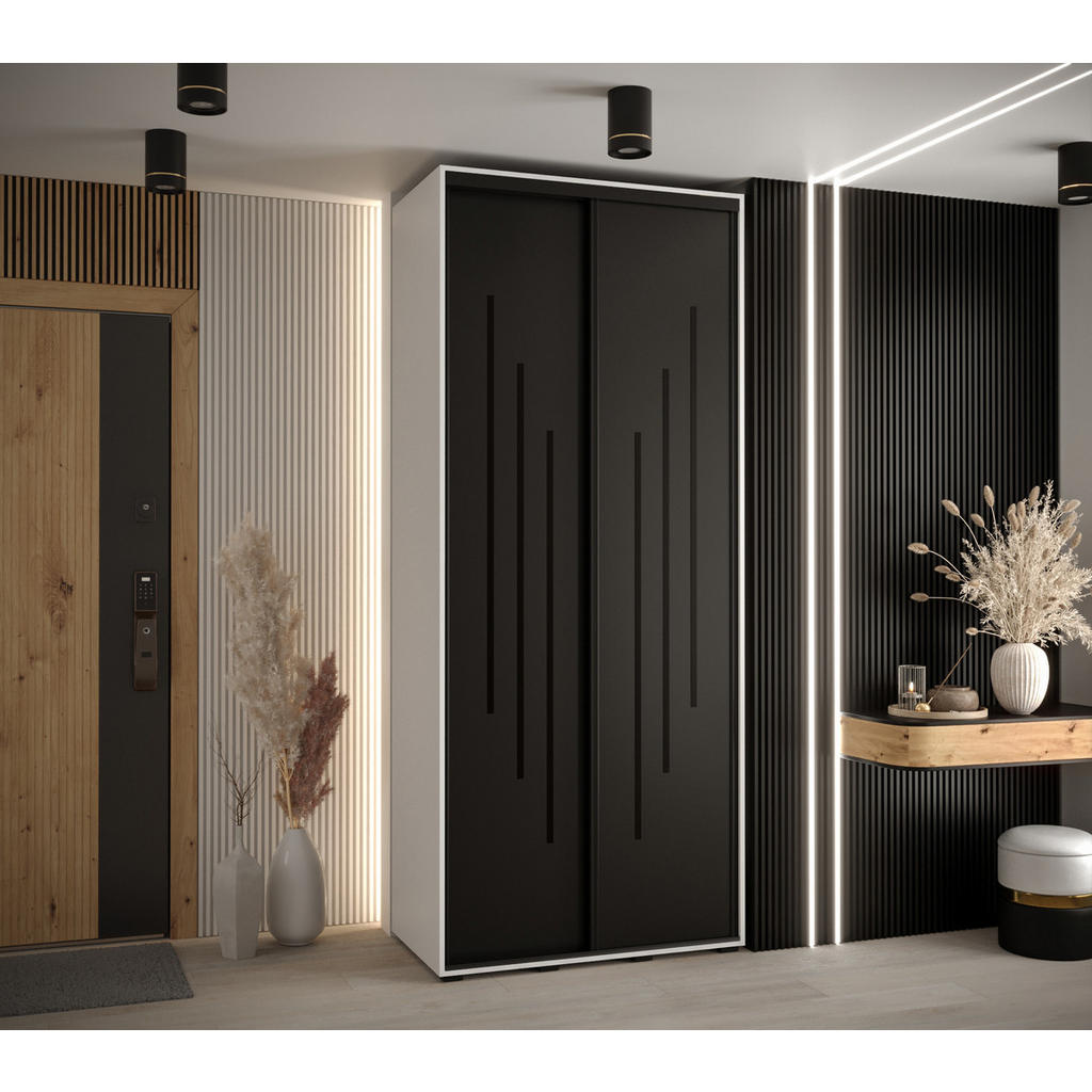 Thumbnail - Abiks Möbel Schwebetürenschrank, Weiß, Schwarz, Schwarz, Metall, Nachbildung, 6 Fächer, 120x235x60 cm, Schlafzimmer, Kle...