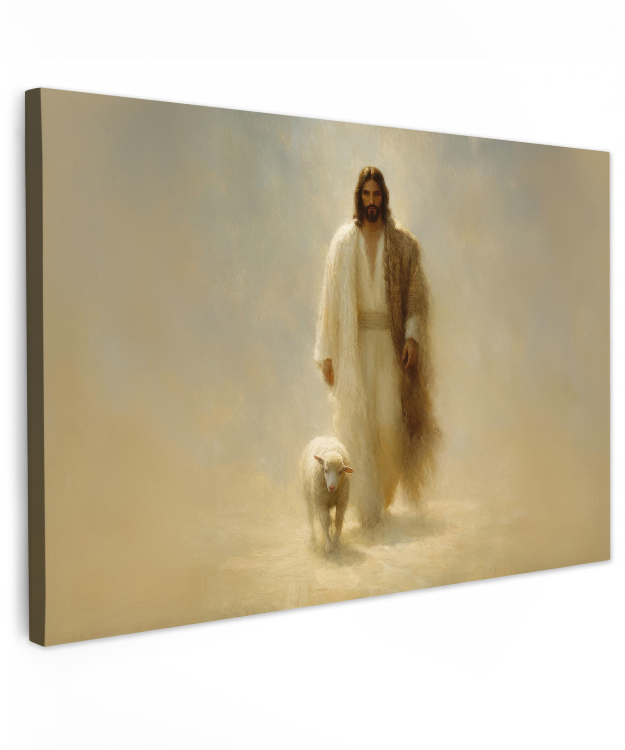 LEINWANDBILD Schaf - Jesus - Pinselstriche - Abstrakt Groß 140x90 cm - Sandfarben, Textil (140/90cm) - MuchoWow