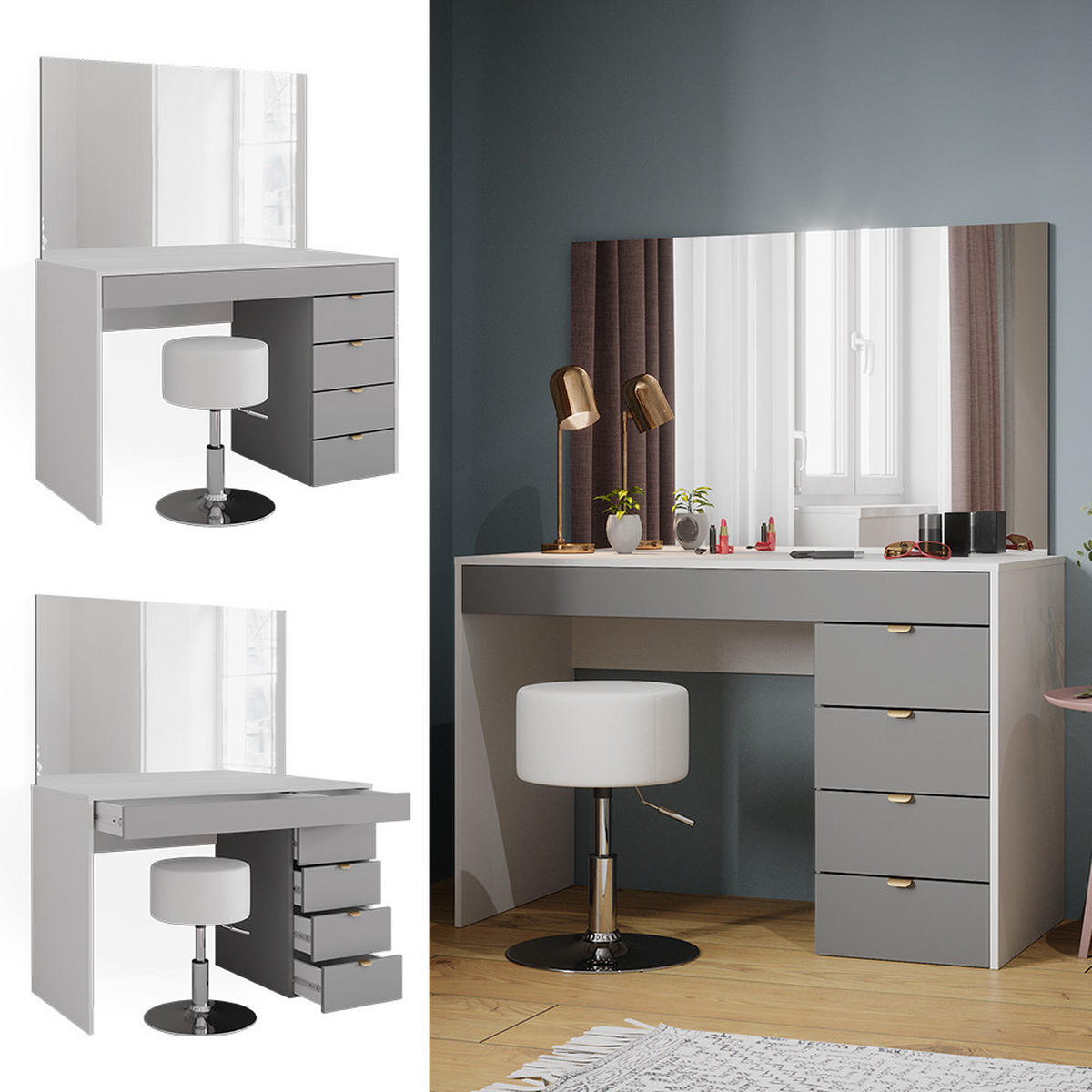 SCHMINKTISCH Elise Weiß/Grau/Grau 115 cm mit Hocker - Weiß/Grau, Holzwerkstoff (115/76/55cm) - Vicco