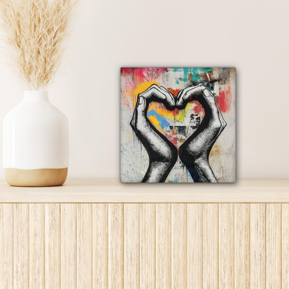 OBRAZ NA PLÁTNE Ruky - Srdce - Street art - Graffiti 20x20 cm - viacfarebná, textil (20/20cm) - MuchoWow