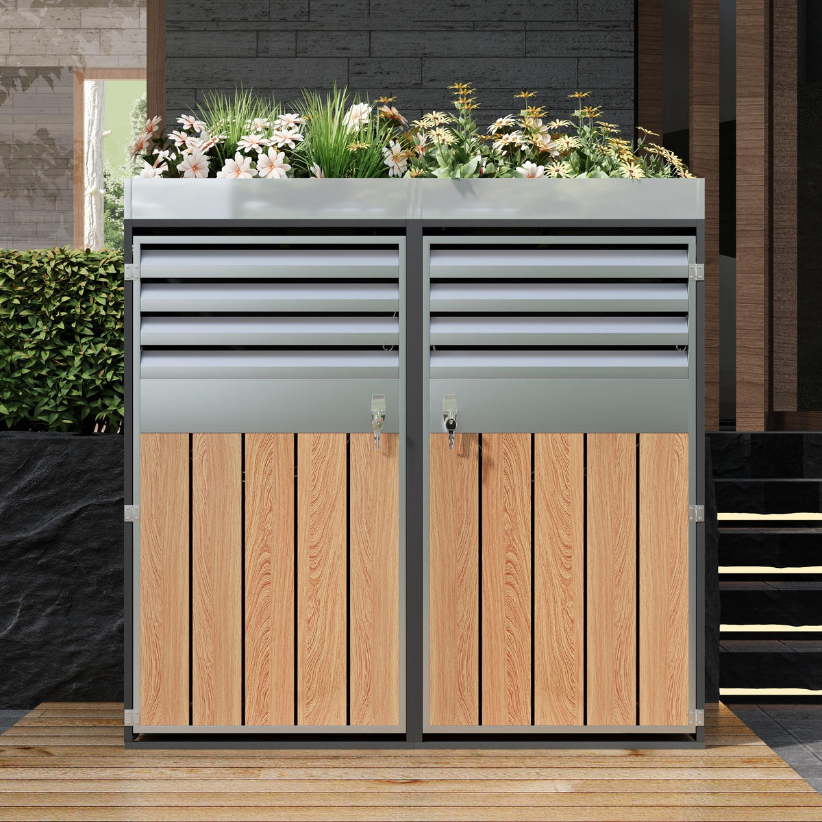 MÜLLTONNENBOX aus Stahl in Grau Holzoptik mit Pflanzfläche & abschließbar - Grau, Metall (132/124.5/80cm) - Modfu