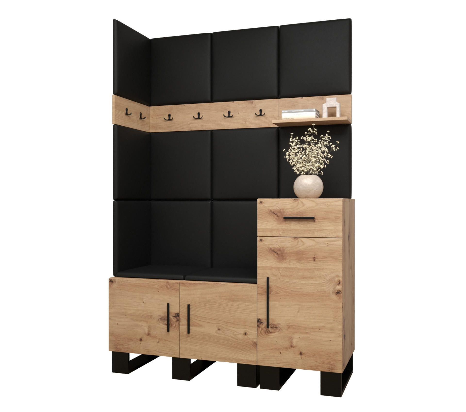 Abiks Möbel Garderoben-Set Eiche Artisan, Schwarz 126x196x45.6 cm