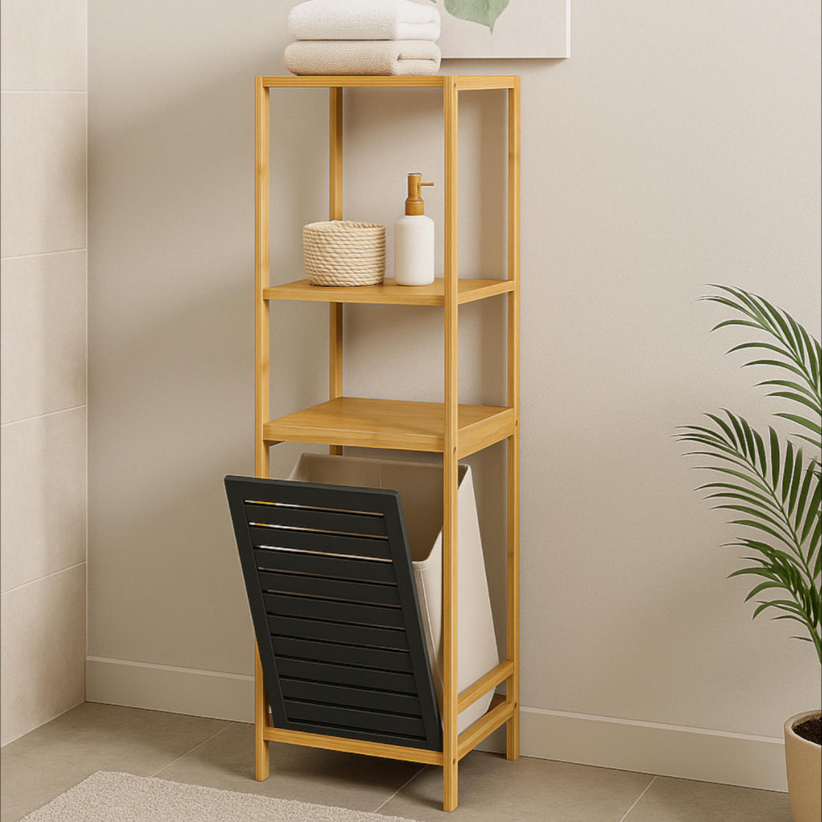 BADEZIMMERREGAL Bambus Schwarz Wäschekorb 36/33/130 cm - Hellbraun/Schwarz, Holz (36/130/33cm) - Begryf