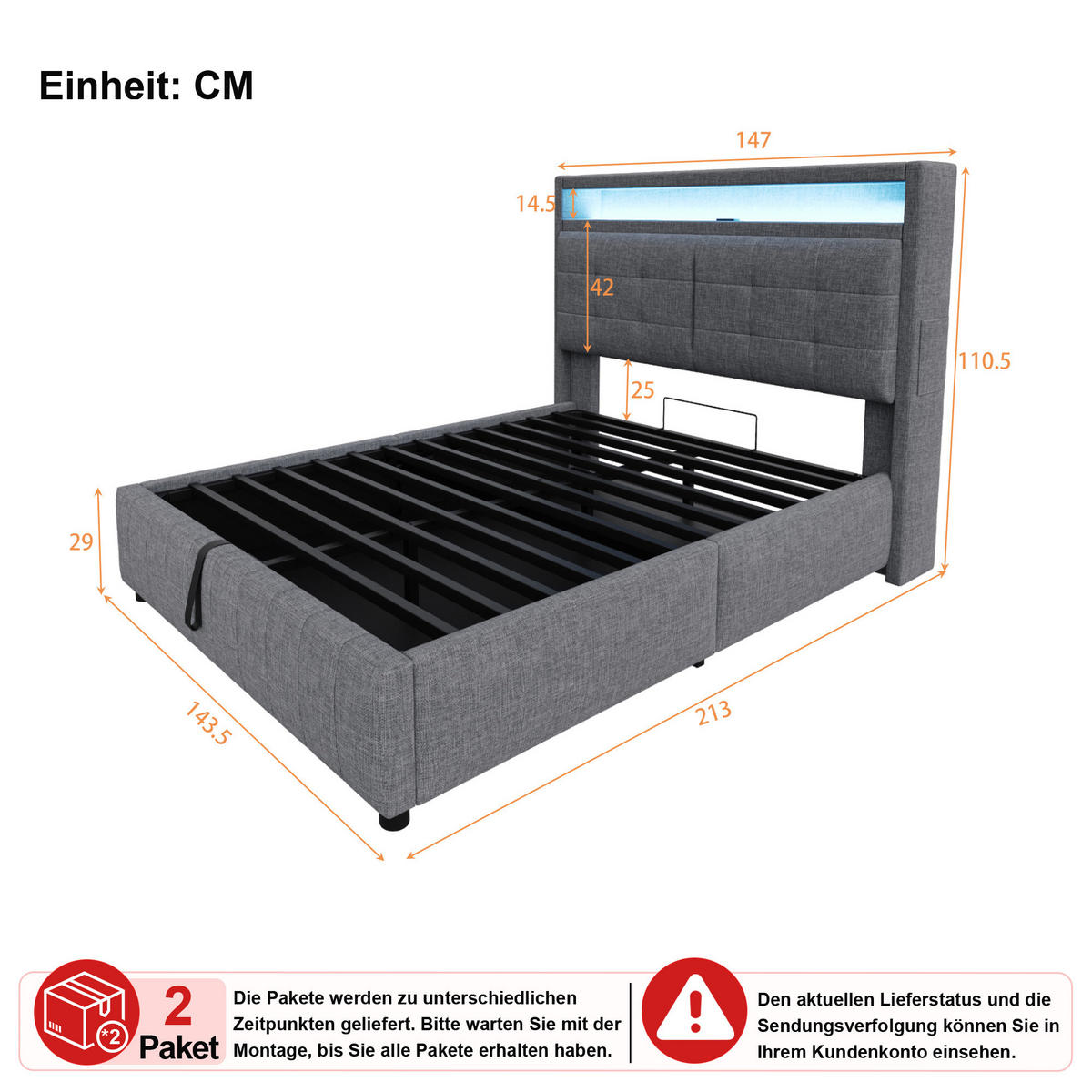 POLSTERBETT 140/200 cm in Grau Leinenstoff mit Stauraum, LED und USB - Grau, Holzwerkstoff/Textil (140/200cm) - WISHDOR
