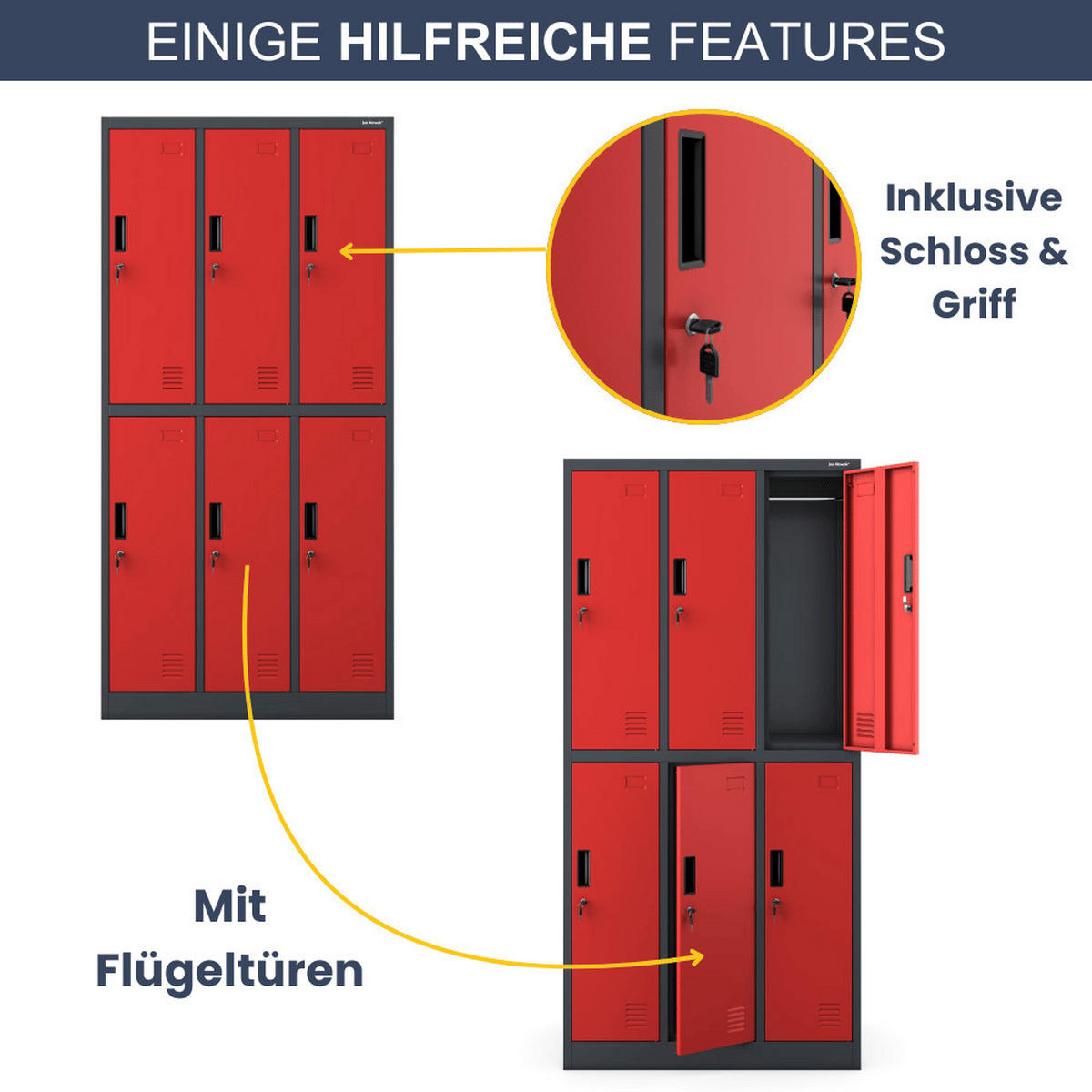 UMKLEIDESCHRANK Spind TOKIO 6 Abteile 185x90x45cm Anthrazit-Rot - Anthrazit, Metall (90/185/45cm) - DELUKE