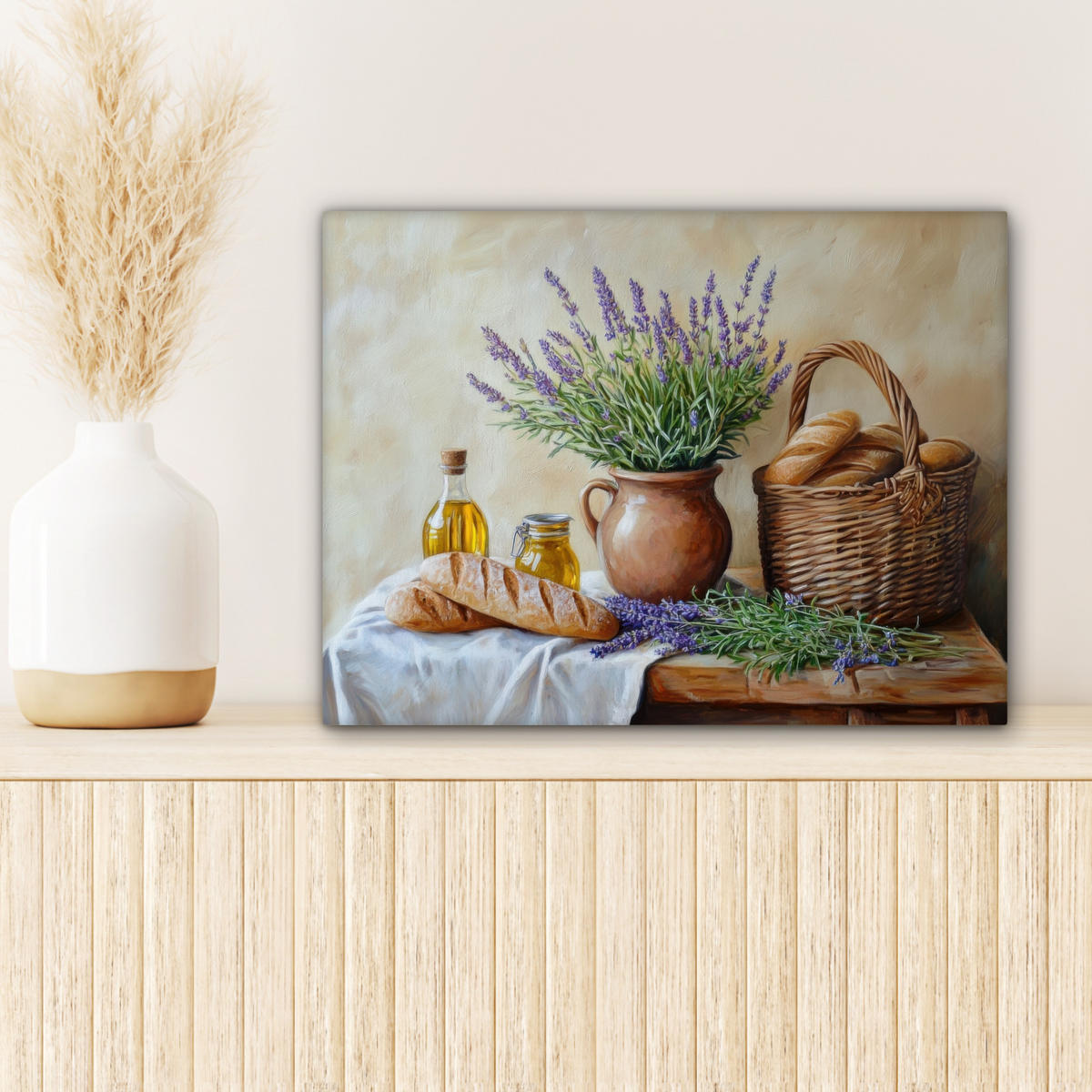 LEINWANDBILD Lavendel - Brot - Stilleben 40x30 cm - Flieder, Textil (40/30cm) - MuchoWow