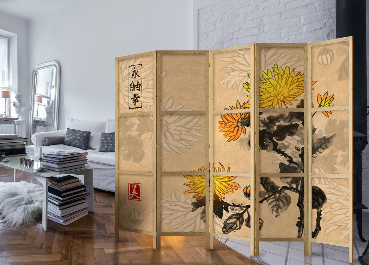 PARAVÁN Japonský 5-dielny 225x172 cm Akvarelové Chryzantémy - viacfarebná, drevo/textil (225/172/3cm) - Muralo