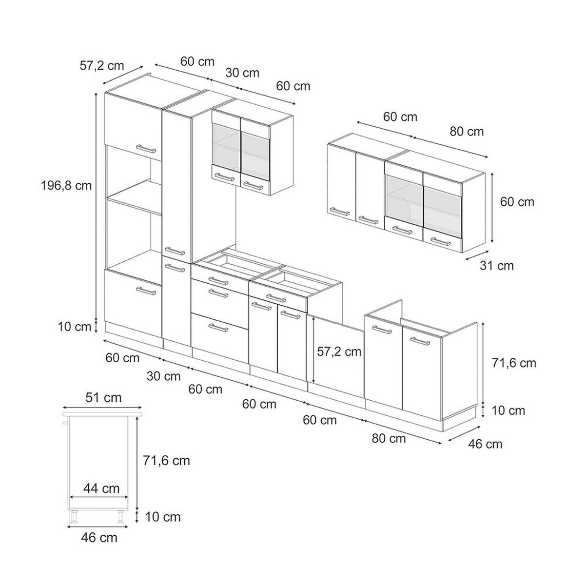 KOMPLETNÁ KUCHYŇA R-Line Biely vidiecky dom/zlatý dub 350 cm , AP Oak - biela/dub medový, kompozitné drevo (350/81.6/60cm) - Vicco