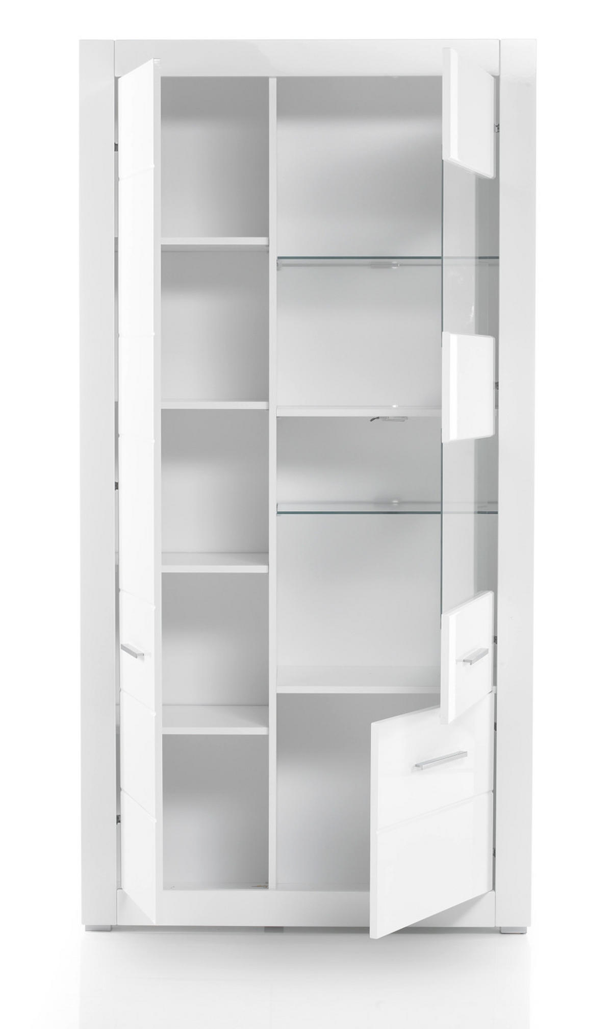 WOHNWAND weiß Hochglanz, Wohnkombination 4-teilig 335 x 198 cm - Chromfarben/Weiß Hochglanz, Glas/Holzwerkstoff (335/198/45cm) - Furn.Design