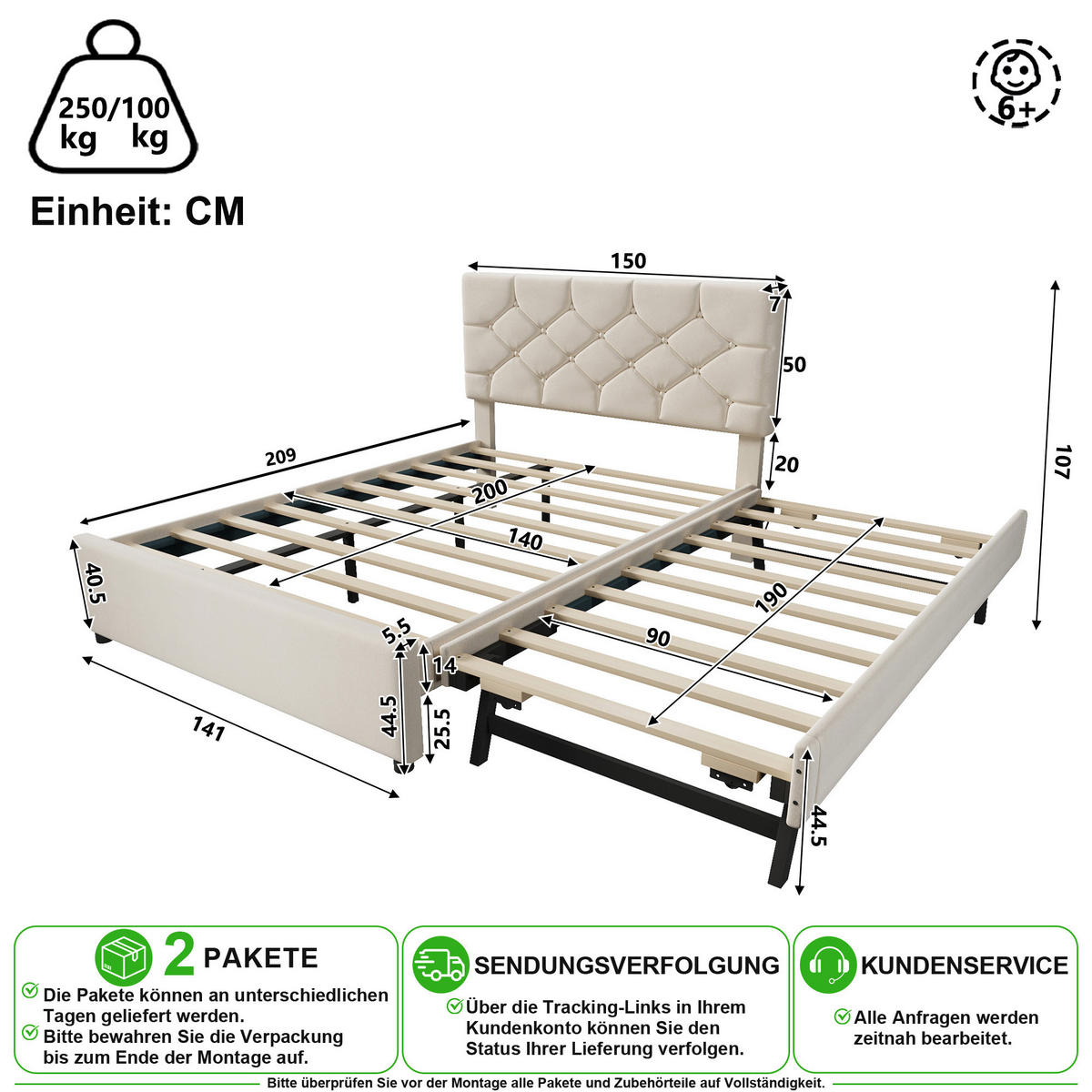 POLSTERBETT 140/200 cm & 90/190 cm in Beige mit Ausziehbett, Samt - Beige, Holzwerkstoff/Textil (140/200cm) - CHICFURN