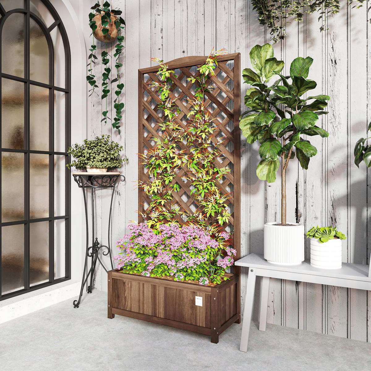 HOCHBEET DE-12283 mit Rankgitter 76/36/170 cm mit Lattenboden Dunkelbraun - Braun, Holz (76/170/36cm) - ComfortXL