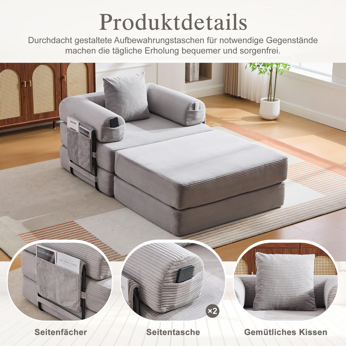 SOFA Cord Hellgrau mit Kissen und Hocker - Hellgrau, Textil/Metall (112/67/190cm) - WISHDOR