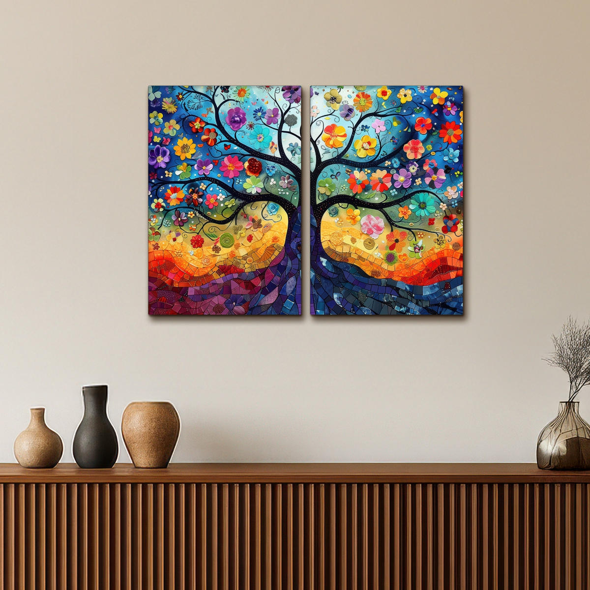 LEINWANDBILD 2er Set Bunt - Baum des Lebens - Blumen - Abstrakt 80x60 cm - Blau, Textil (80/60cm) - MuchoWow