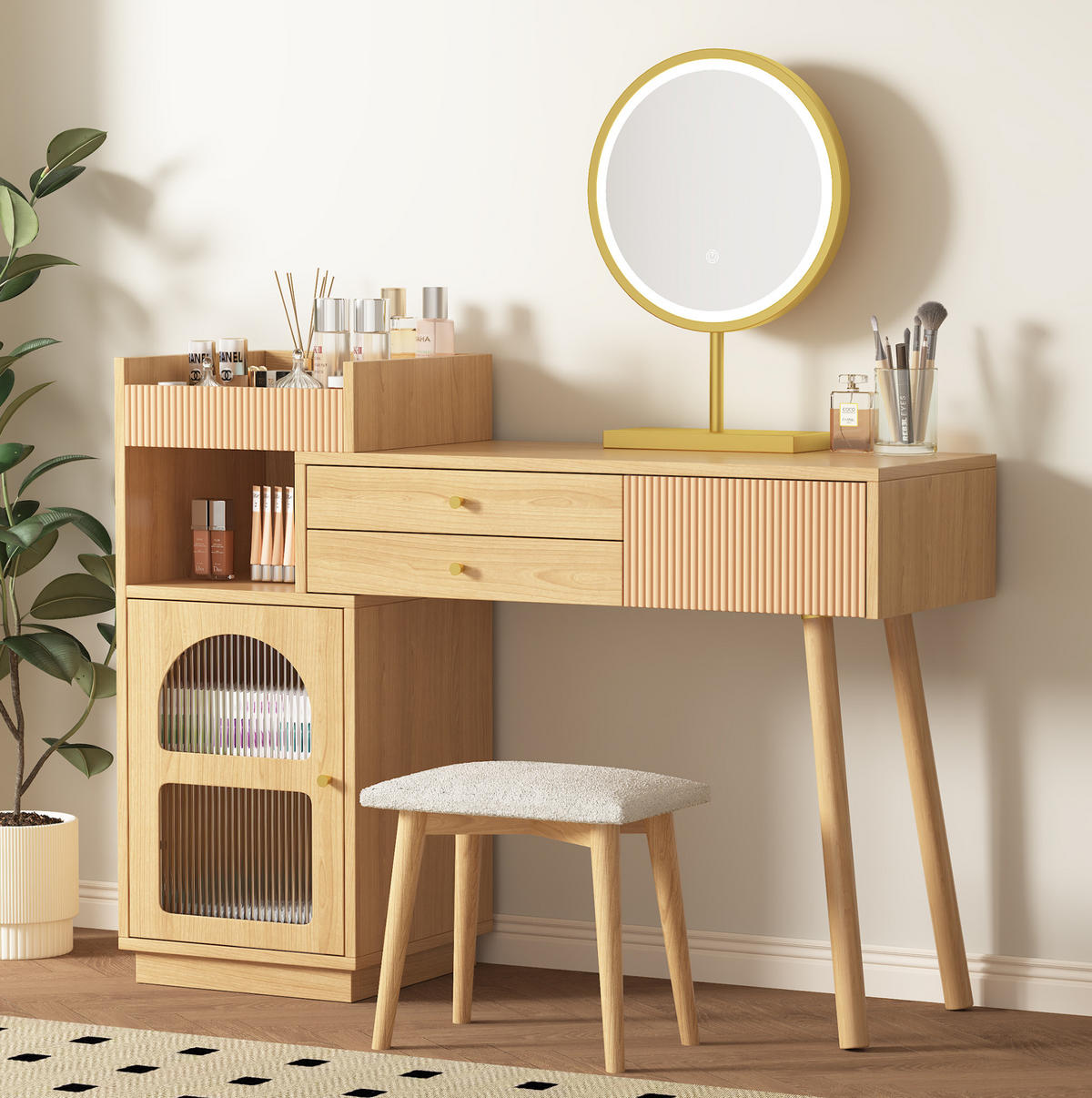 SCHMINKTISCH-SET 120/90/40 cm Natur mit LED-Spiegel 3-farbige Beleuchtung - Naturfarben, Holzwerkstoff (120/40/90cm) - OKWISH