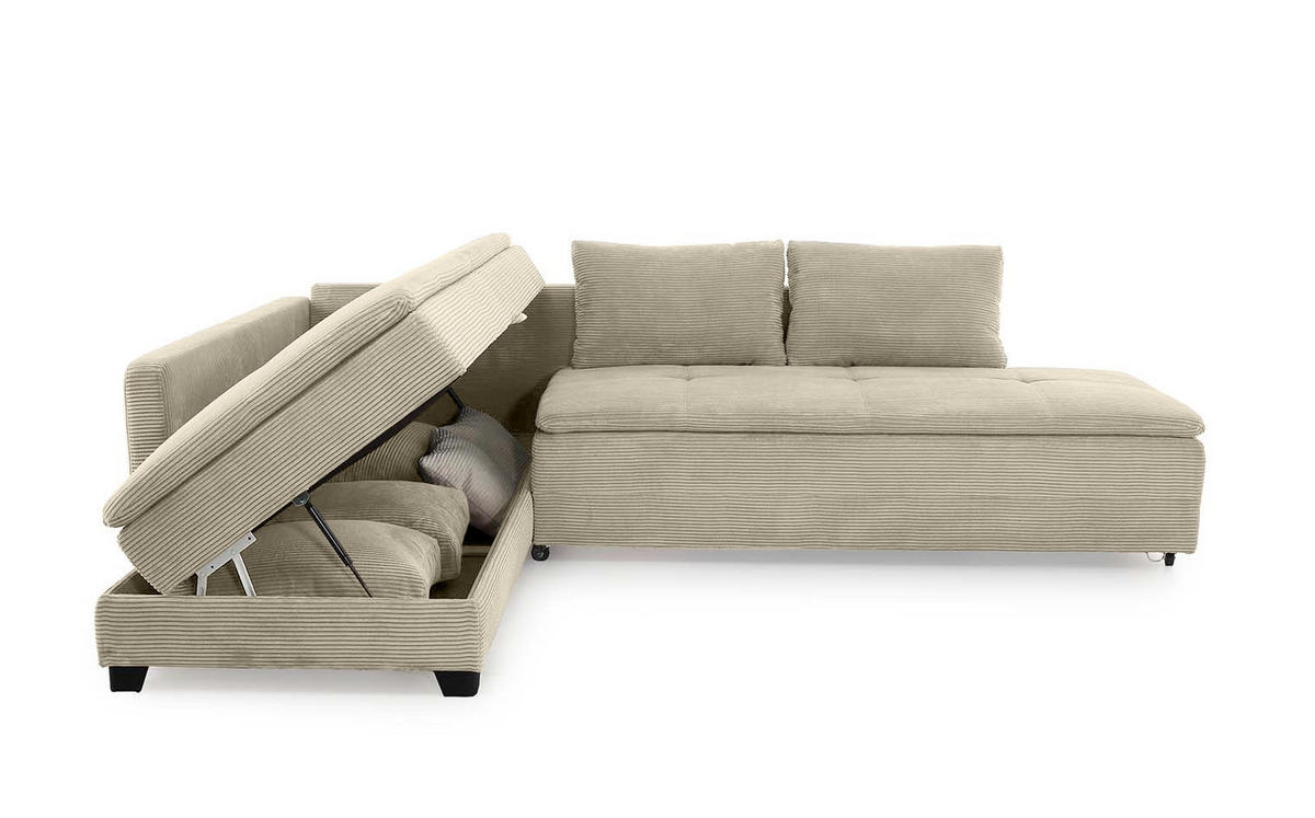 ECKSOFA-DAUERSCHLÄFER Doppelbett Boxspring Federkern Topper, seitenverkehrt montierbar B306/T223/H95 cm, Cord Beige Grau / 15161 - Greige/Beige, Kunststoff/Textil (306/223cm) - luma-home