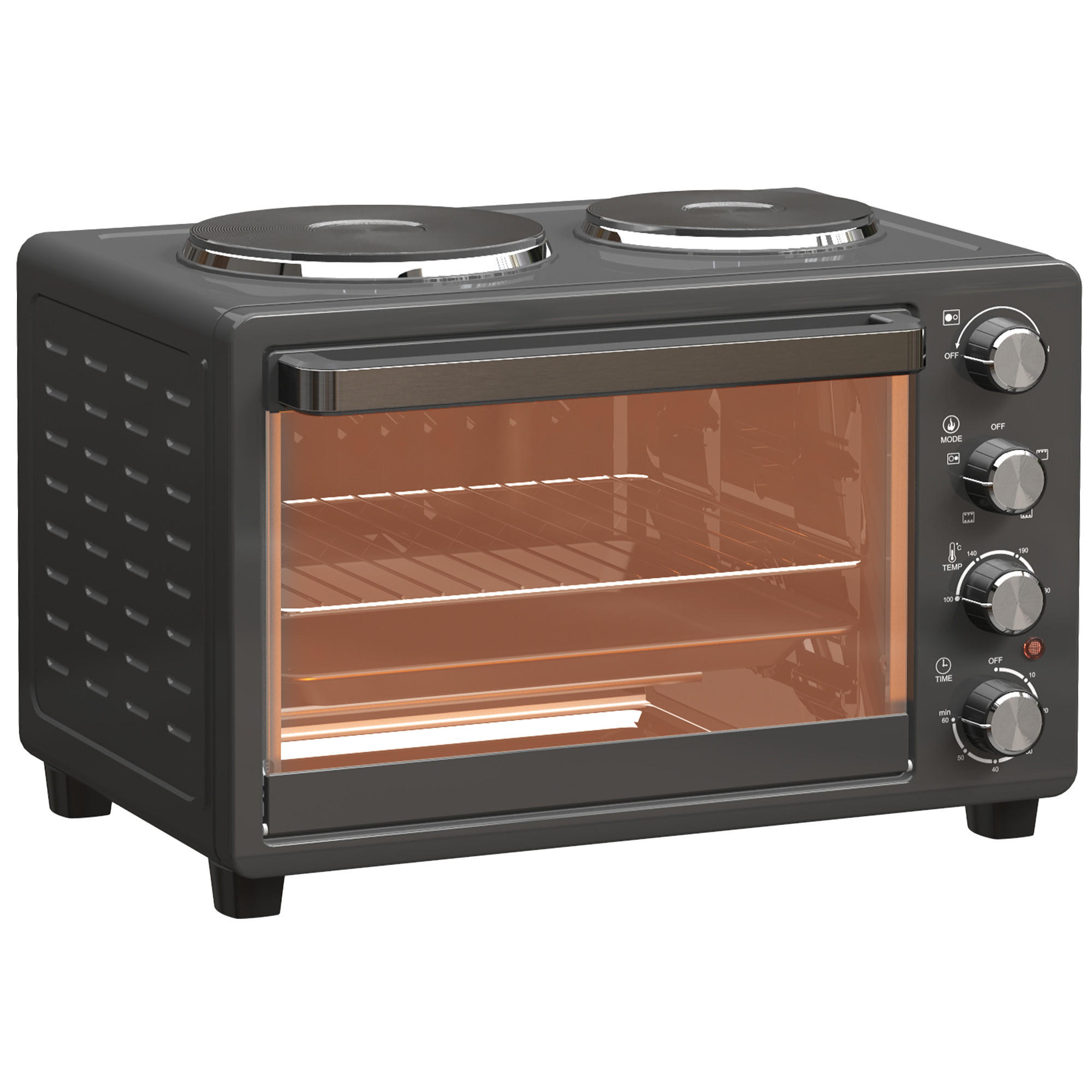 MINIBACKOFEN 28L 2600W mit 2 Kochplatten, Pizzaofen mit Backblech & Grillrost, 100-230°C, 60 Min. Timer, Schwarz - Schwarz, Metall (48.6/33/36.3cm) - Beaface