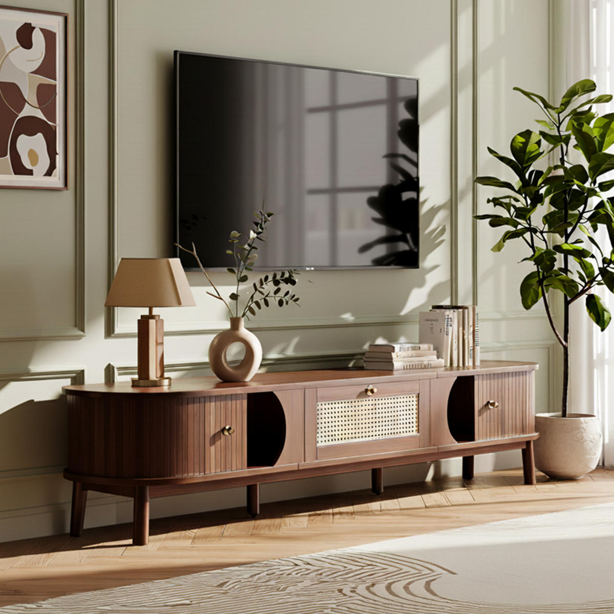 TV-SCHRANK Walnussoptik Rattan mit Schublade & Türen - Naturfarben, Holzwerkstoff (170/38/39.5cm) - Urban Meuble
