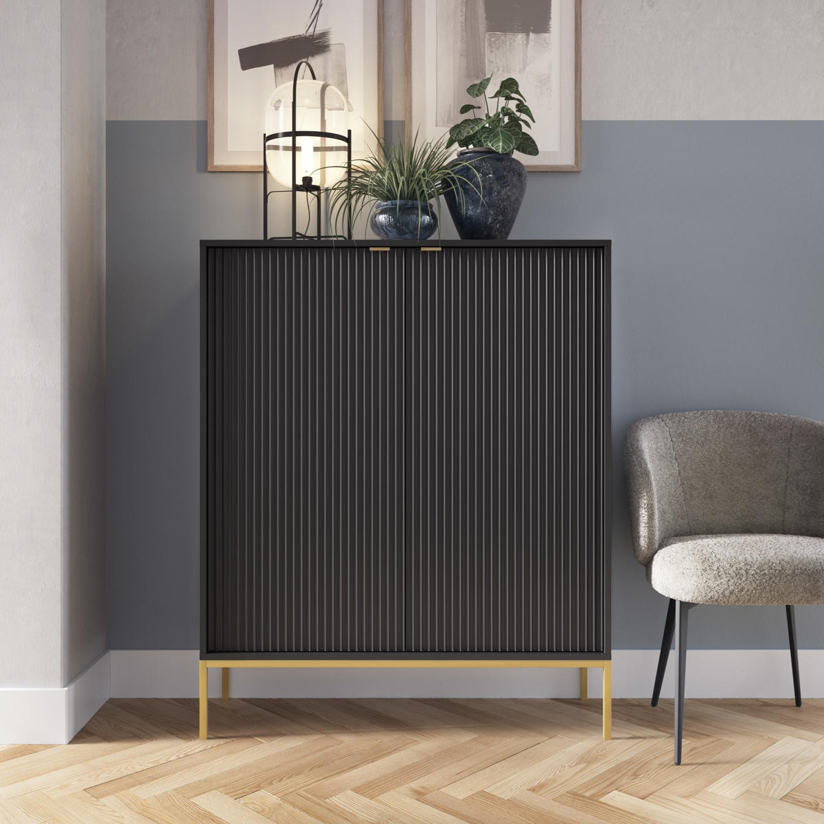 SCHWARZE Moderne Geriffelte Hochkommode KIOTO KW2D (Gold Gestell, Soft-Close Türen) - Goldfarben/Schwarz, Holz/Holzwerkstoff (104/125/39cm) - Ravio