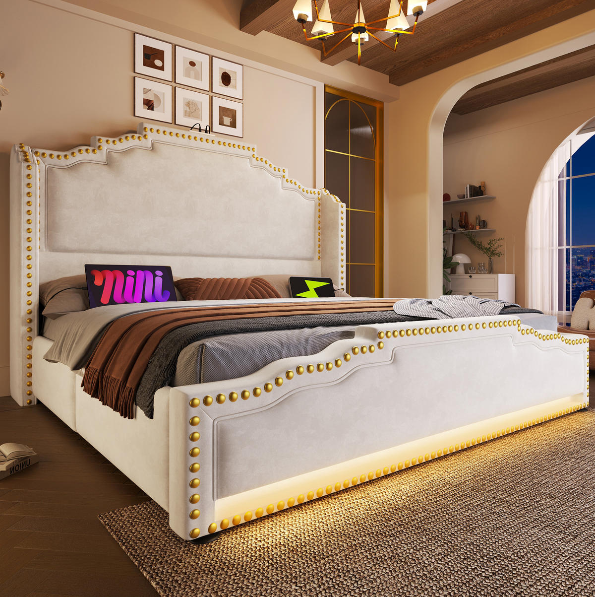 POLSTERBETT mit 4 Schubladen und LED 140x200 cm Samt Beige - Beige, Metall (140/200cm) - Meubliv