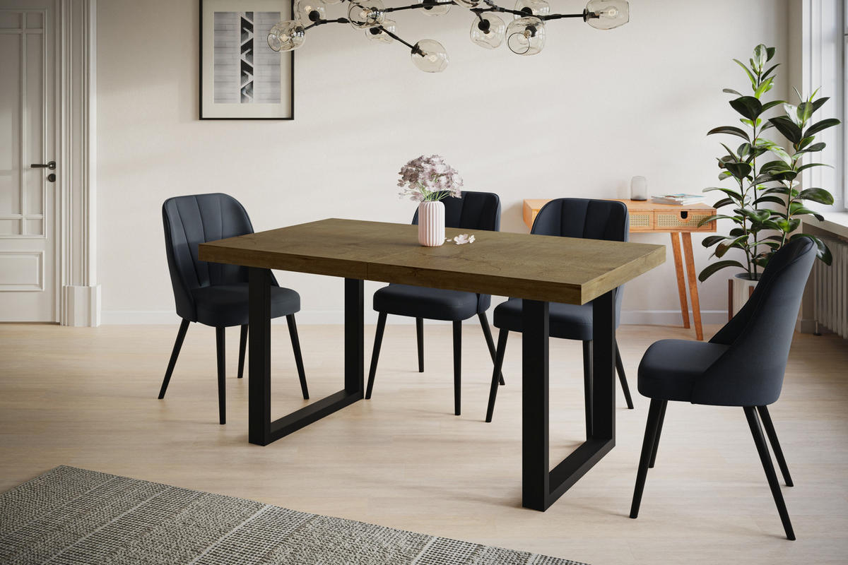 ESSZIMMERTISCH LOFT-U, ausziehbarer Tisch 140-240X80X77 cm, Farbe: LEFKAS, mit Metallbeinen in Farbe Schwarz - Dunkelbraun/Schwarz, Holzwerkstoff (140/80/77cm) - Alpi-Möbel