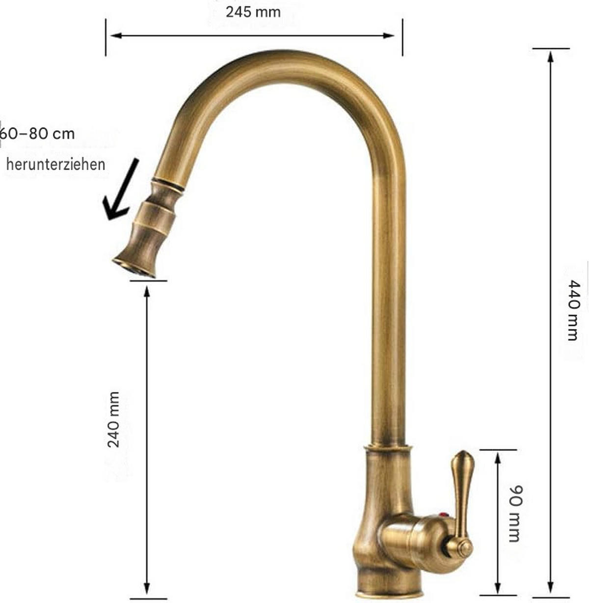 KÜCHENARMATUR im Antik-Stil mit Ausziehfunktion, goldfarben, 58 x 26 x 8 cm - Goldfarben, Metall (58/8/26cm) - Vallsero