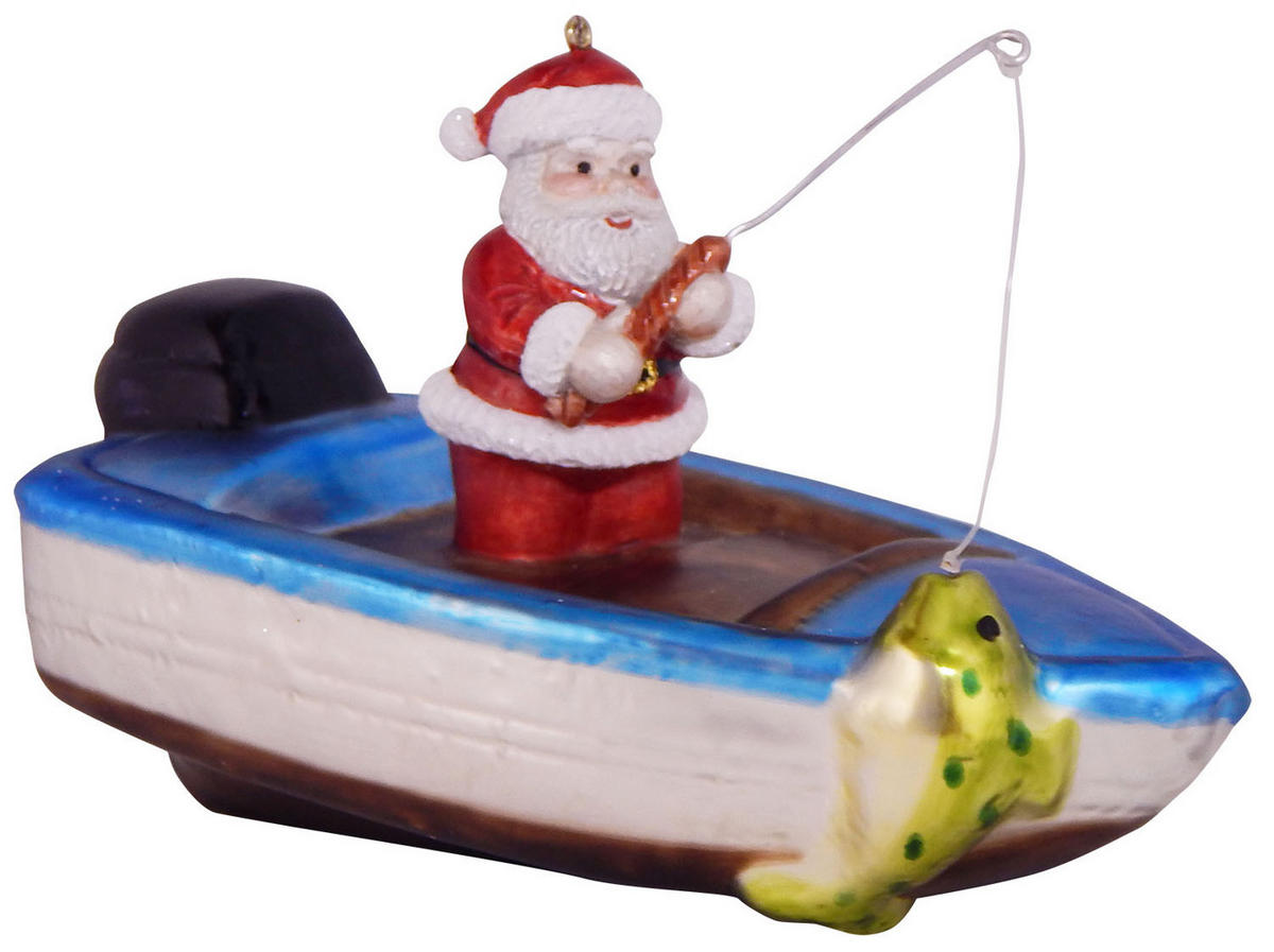 CHRISTBAUMSCHMUCK Fischerboot mit Weihnachtsmann Mehrfarbig 13cm (Glas / 1 Stk.) - Multicolor, Glas (7/9/13cm) - Krebs Glas Lauscha