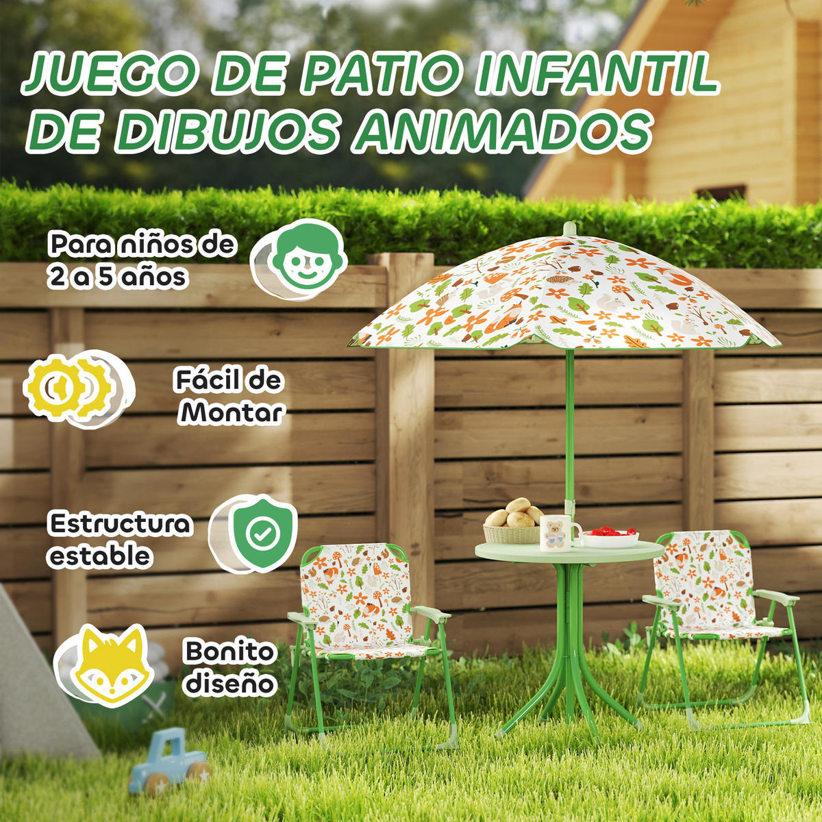 GARTEN-SET, Klappbares Set für Kinder 2–5 Jahre mit Sonnenschirm, Grün - Multicolor, Holzwerkstoff - FORIOUS