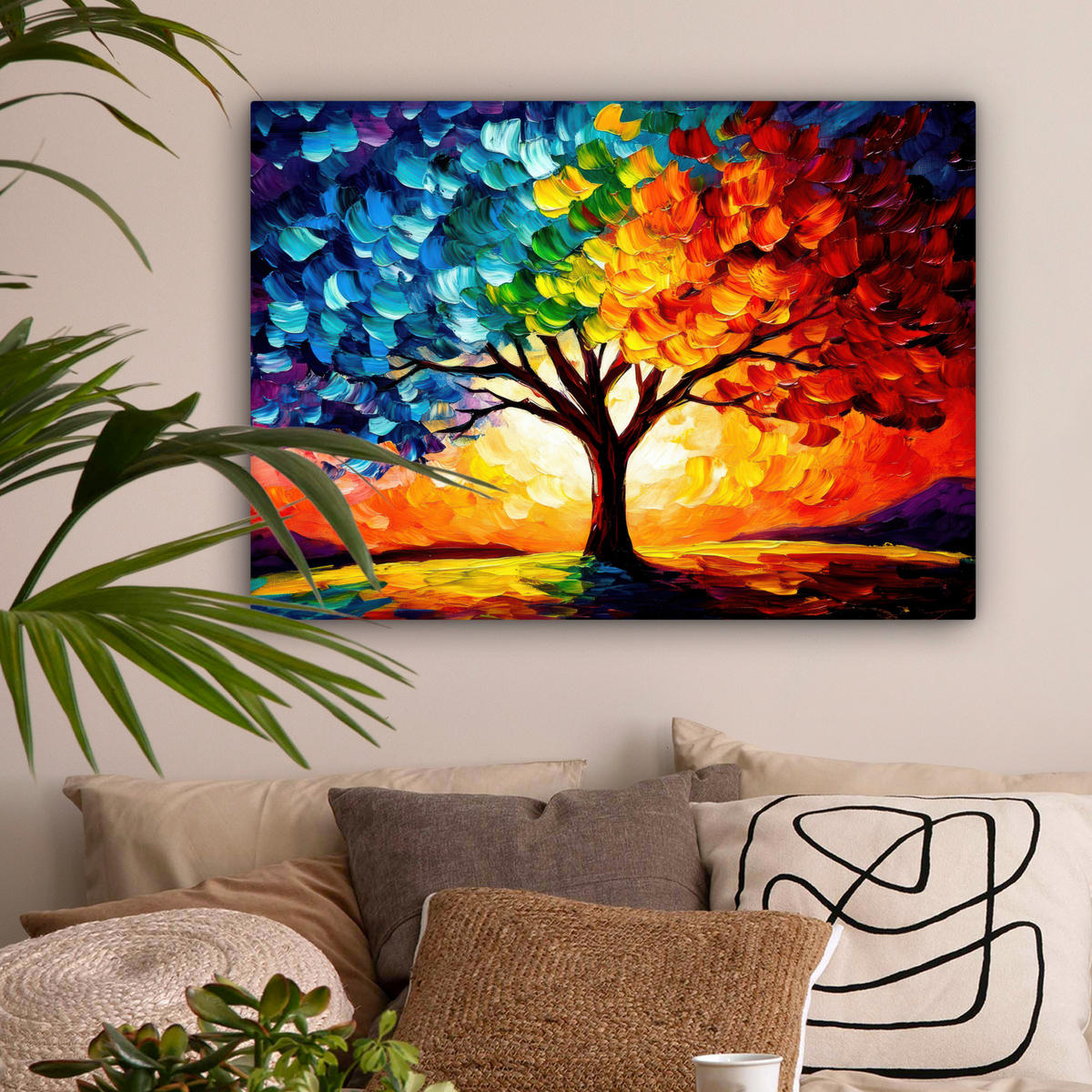 LEINWANDBILD - Baum - Kunst - Natur - Sonnenuntergang - 80x60 - Malerei - Multicolor, Textil (80/60cm) - MuchoWow