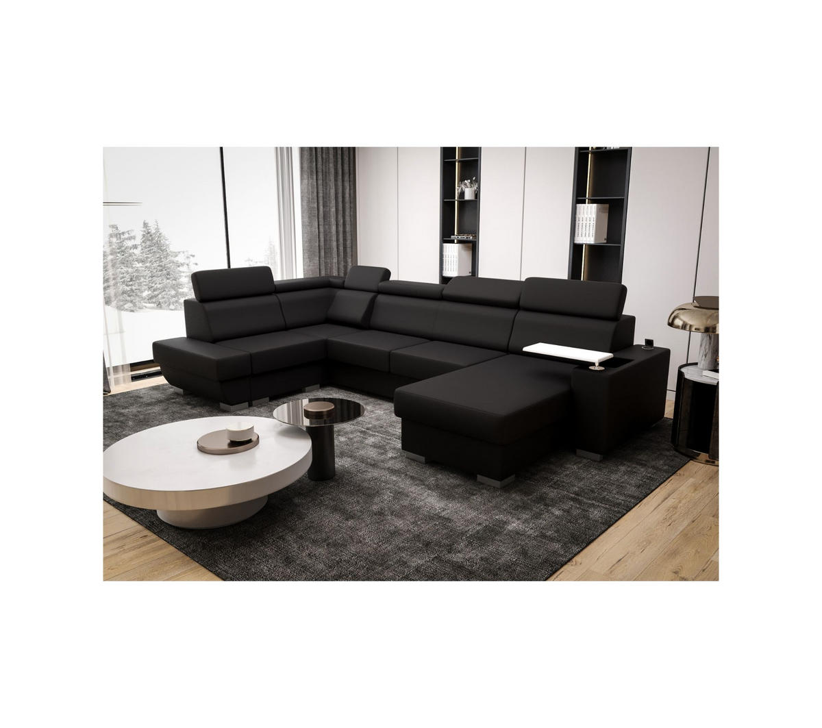 WOHNLANDSCHAFT KONGO RBN20, Eckcouch in U-Form mit Schlaffunktion, Farbe: Schwarz, Kunstleder, Ottomane Rechts - Schwarz, Textil (340/103/200cm) - O-Sofa