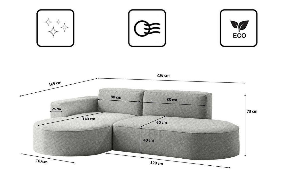 ECKSOFA Modena Studio Falten, Stoff Alpine, Grau Links - Grau, Holz (165/236cm) - Kaiser Möbel