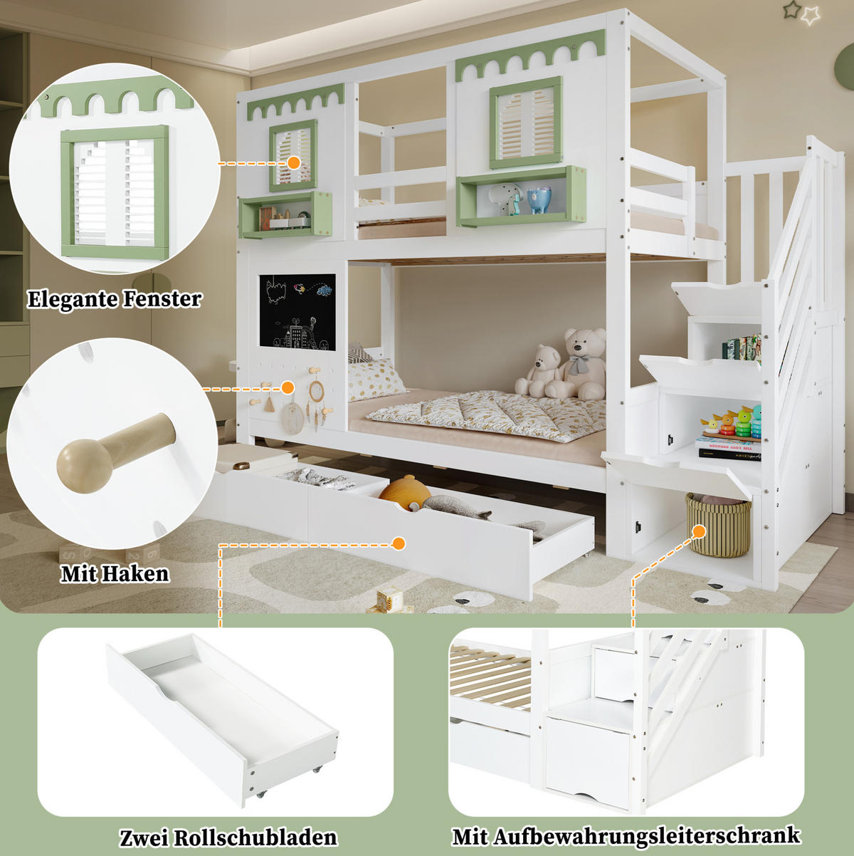 POSCHODOVÁ posteľ 90/200 cm bielo-zelená z masívu a MDF s úložnými schodmi a 2 zásuvkami - biela, drevo (90/200cm) - OKWISH