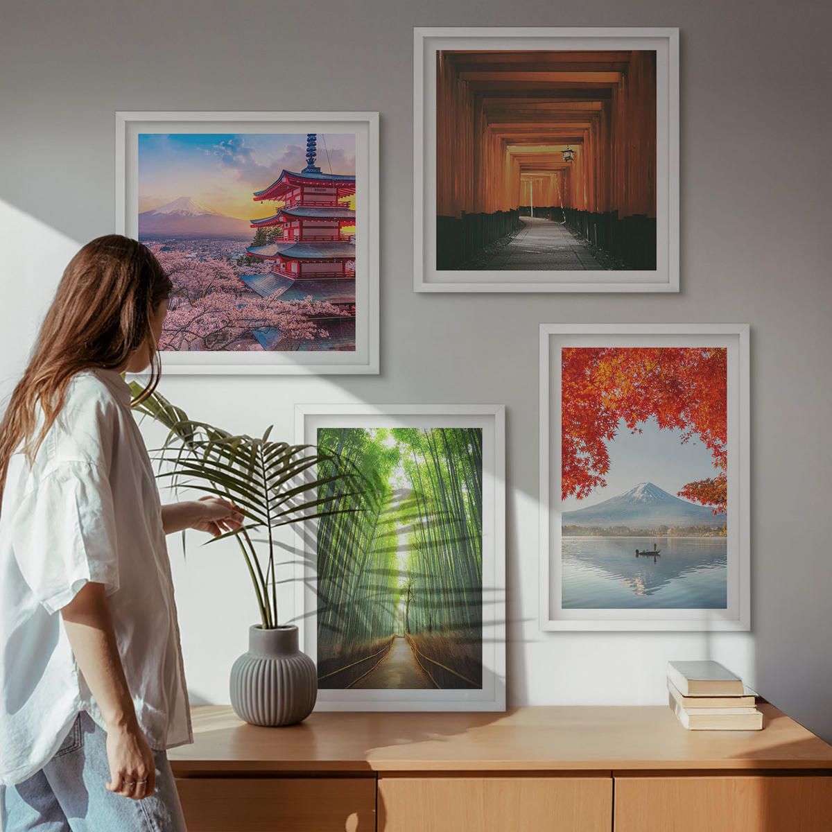 WANDBILDER 4er-Set - 50x50 cm & 40x60 cm Weißer Rahmen - Fuji-Torii-Bambuswald, Japan - Weiß, Kunststoff (50/50cm) - ArtPrintCave