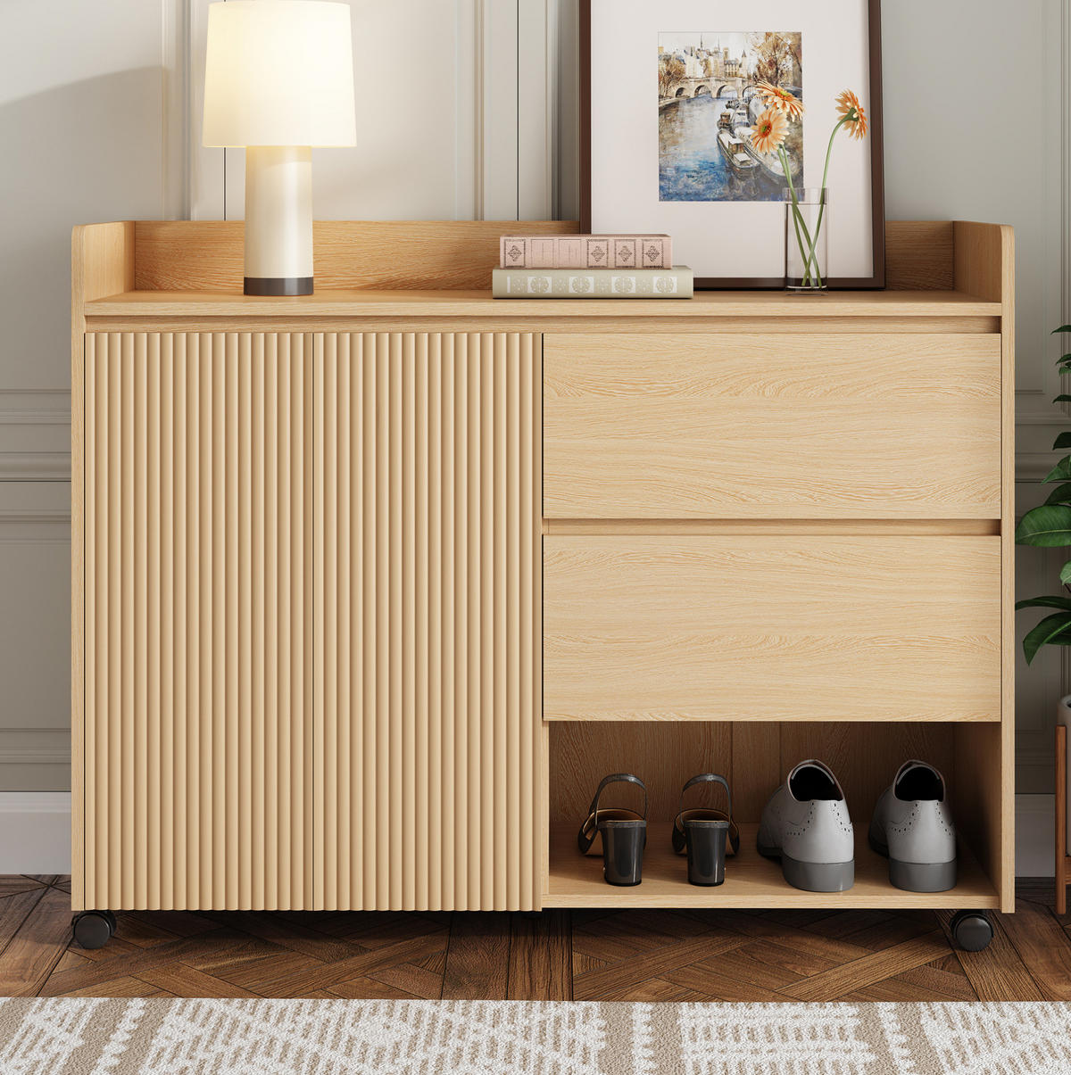 SCHUHSCHRANK 110/35/86 cm in Natur mit Schubladen, Rollen und verstellbaren Fächern - Naturfarben, Holzwerkstoff (110/86/35cm) - BEAOK