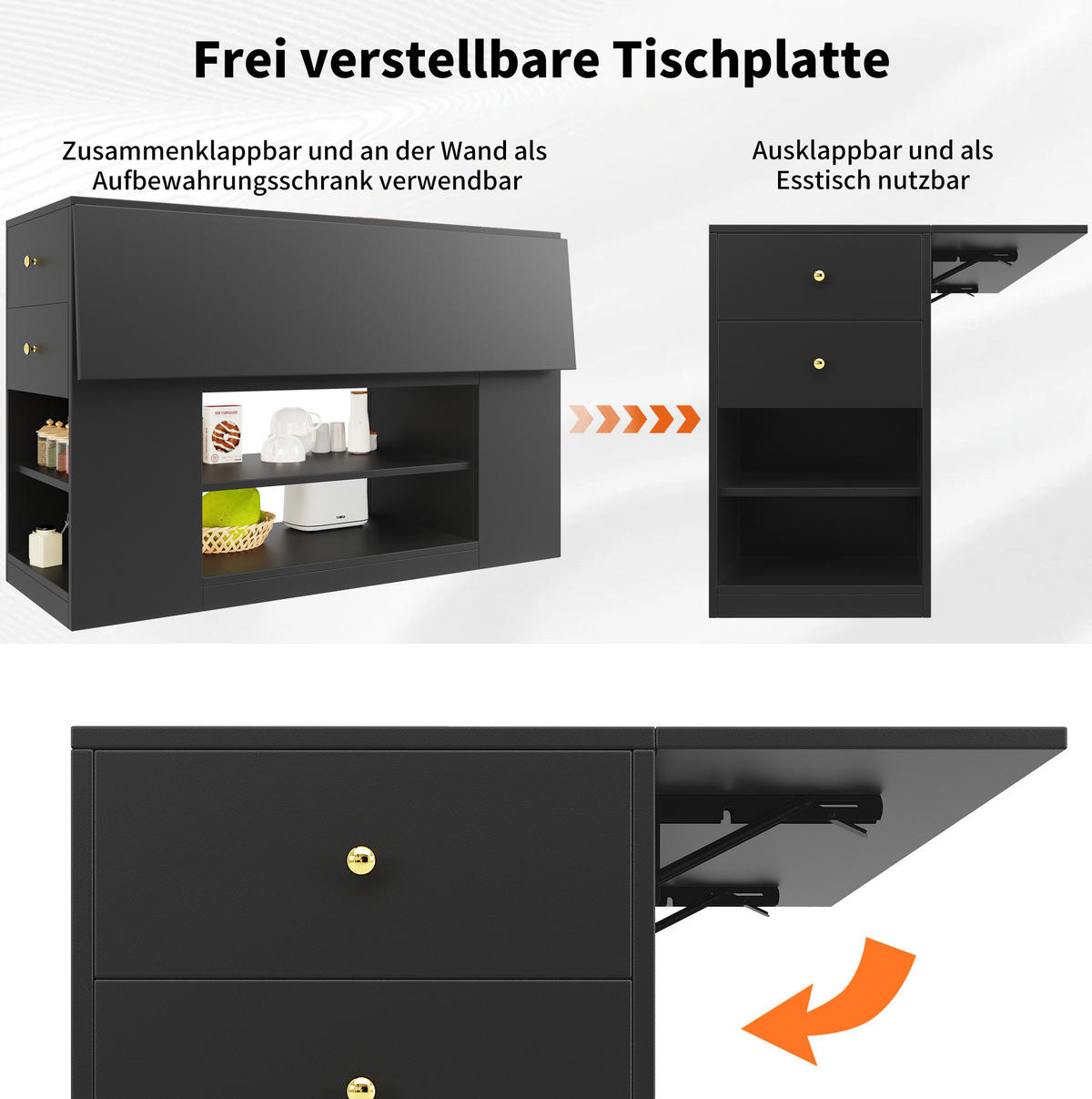 KÜCHENINSEL aus MDF mit Klapptisch & Stauraum, 140/40/90 cm, Schwarz - Schwarz, Holzwerkstoff (40/90/140cm) - Redom