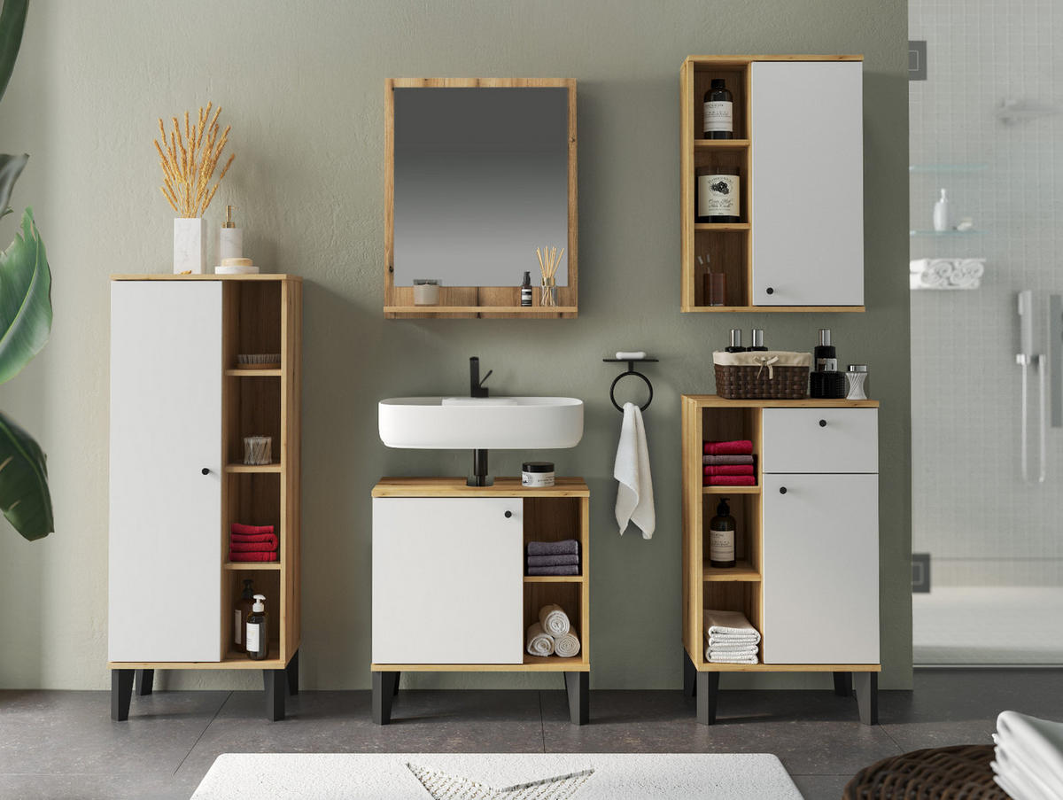 BADMÖBEL-SET 5-teilig weiß, Evoke Eiche, Badkombination, 182 x 190 cm - Eichefarben/Schwarz, Glas/Holzwerkstoff (182/190/33cm) - Furn.Design