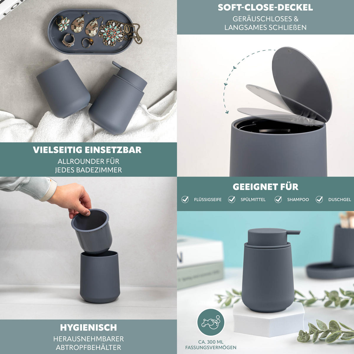 BAD-ACCESSOIRES-SET TESERO, Soft-Touch, grau - Grau, Kunststoff (22.5/25.5/25cm) - eluno