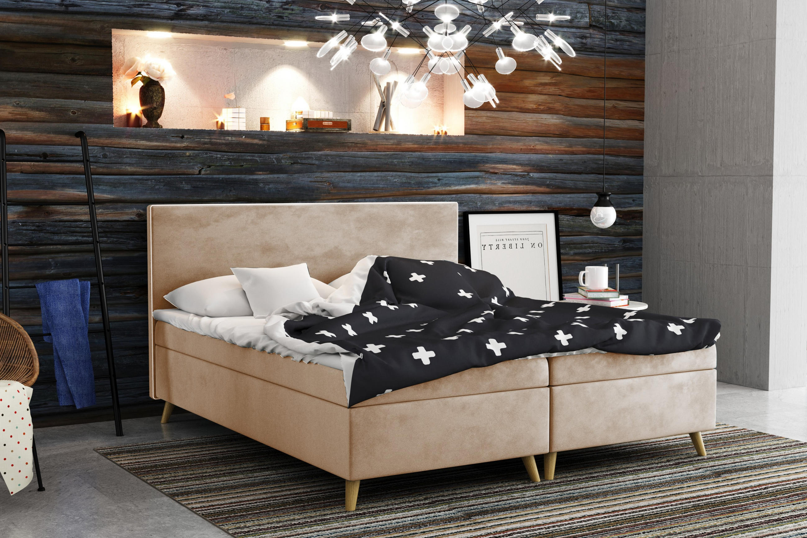 BOXBETT Mit Bettkasten Matratze + Topper BELLA Stoff Riviera Biscut 140x200 cm H3-Bonell - Champagner, Holz (140/200cm) - Kaiser Möbel