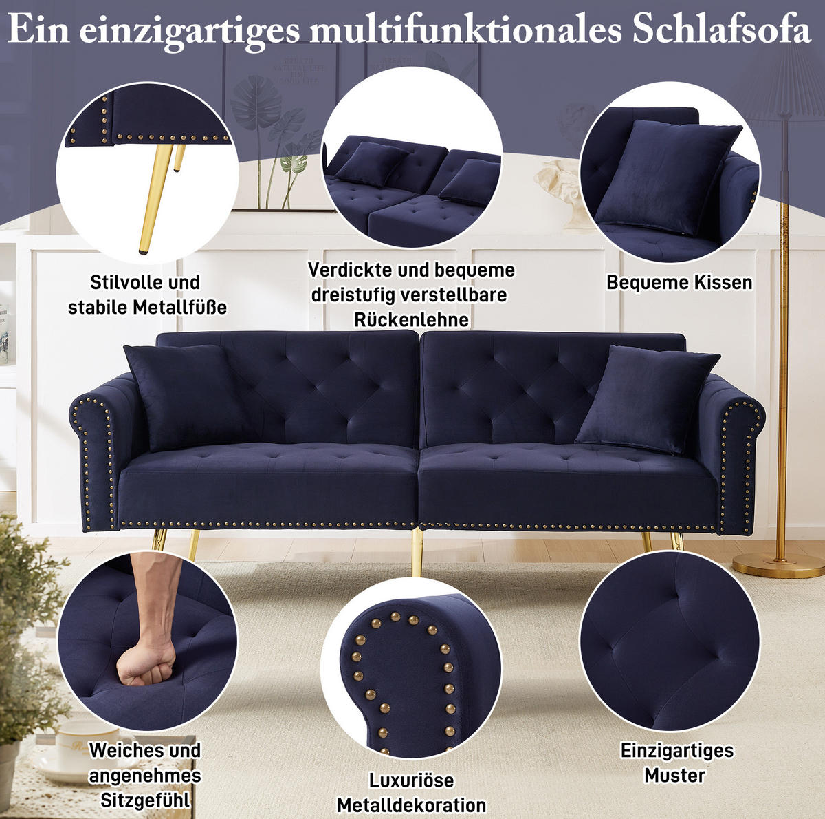 SCHLAFSOFA 2-Sitzer Samt mit 3-stufig verstellbarer Rückenlehne Antikblau 173/75/70 cm - Blau, Textil (70/173/75cm) - Redom