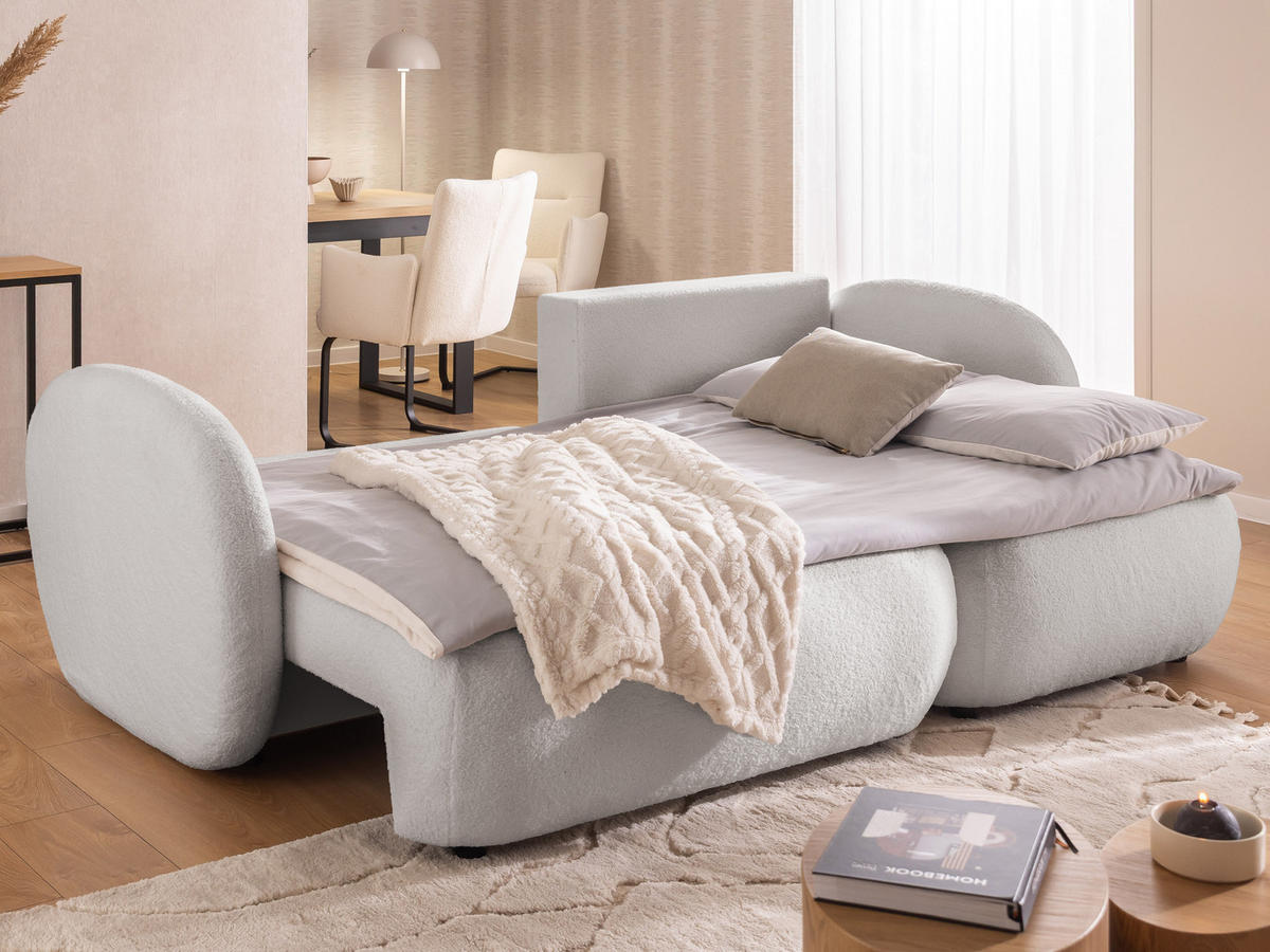 ECKSOFA Candy mit Schlaffunktion Hellgrau Bouclé-Stoff - Ottomane rechts - Hellgrau/Schwarz, Holz/Kunststoff (146/230cm) - S-Style Möbel