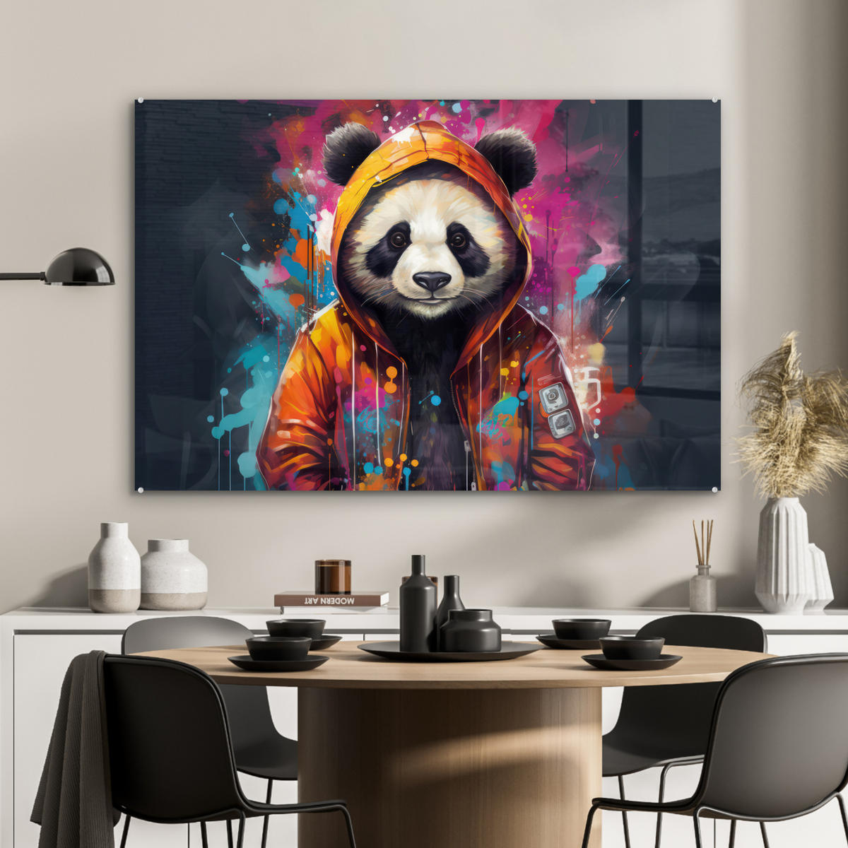 ACRYLGLASBILD Panda - Jacke - Graffiti - Orange 90x60 cm - Orange, Glas (90/60cm) - MuchoWow