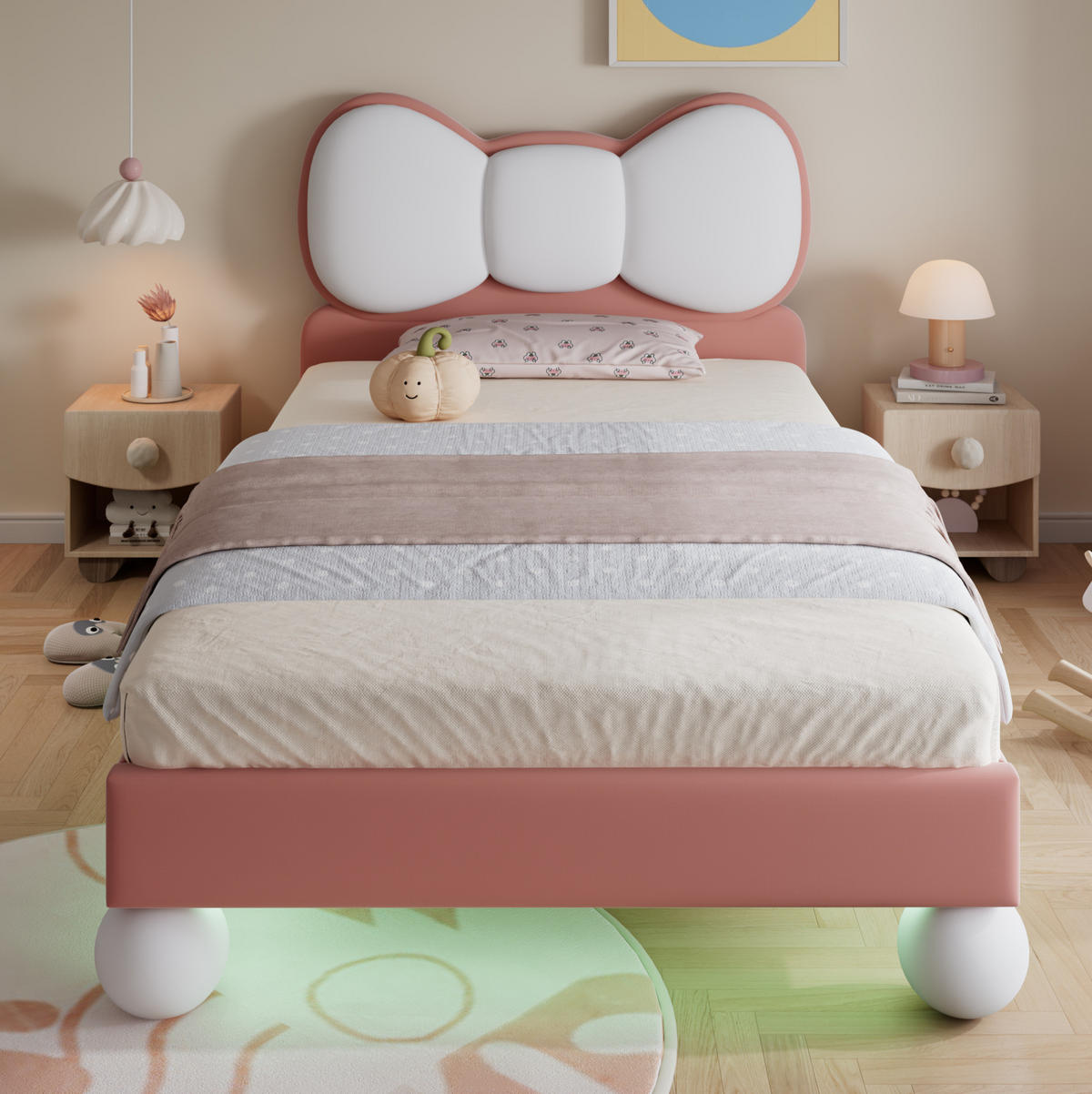 KINDEREINZELBETTEN aus Samt 90x200 cm in Beige und Rosa mit LED-Lichtleiste - Rosa, Textil (90/200cm) - Modfu