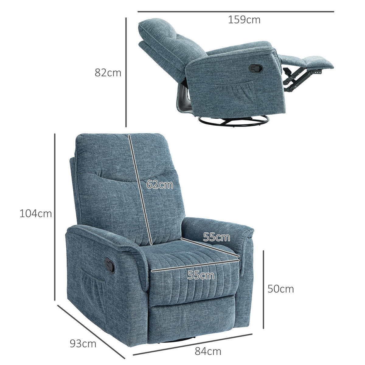 RELAXSESSEL DE-15386 manuell neigbar mit 360°-Drehung Blau - Blau, Textil (93/104/84cm) - ComfortXL