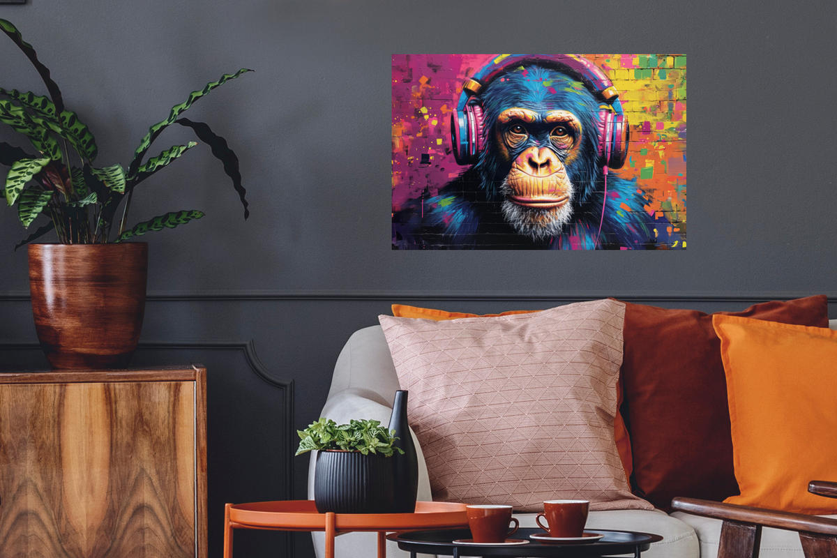 WANDTATTOO Graffiti - Schimpanse - Straßenkunst - Kopfhörer - Affe 60x40 cm - Blau, Kunststoff (60/40/0.1cm) - MuchoWow