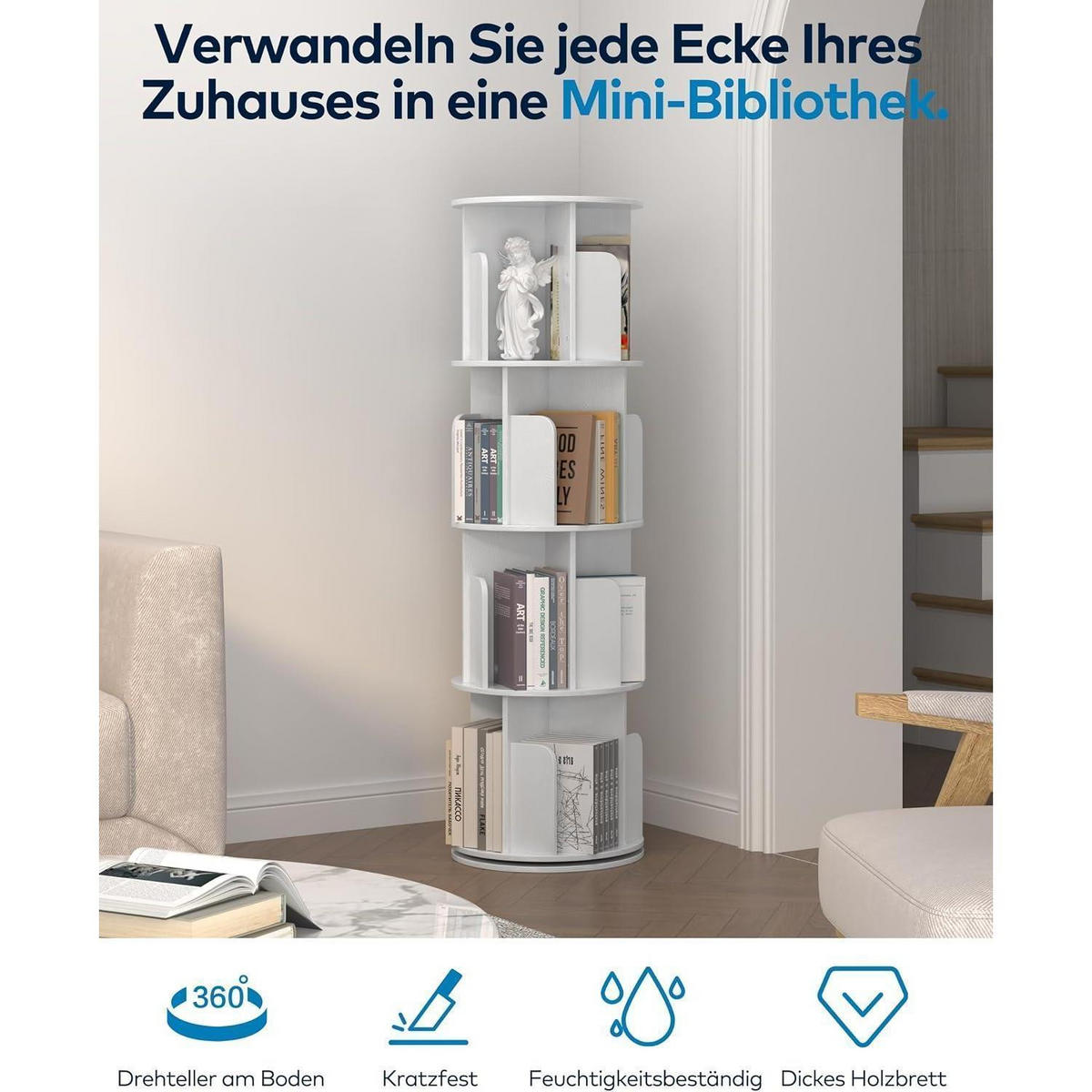 BÜCHERREGAL 360 Grad drehbar Weiß 4 Ebenen 40 x 136,2 cm - Weiß, Holzwerkstoff (40/136.2/40cm)