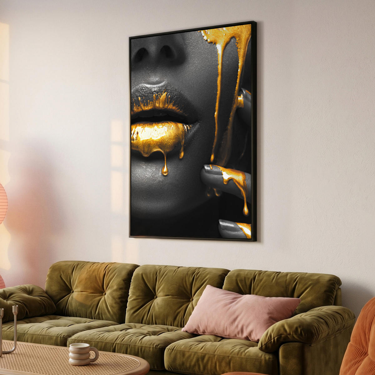 LEINWAND Bilder mit Rahmen - Frau - Schwarz - Gold - Gesicht - Lippen - 100x150 - Goldfarben, Textil (100/150cm) - MuchoWow