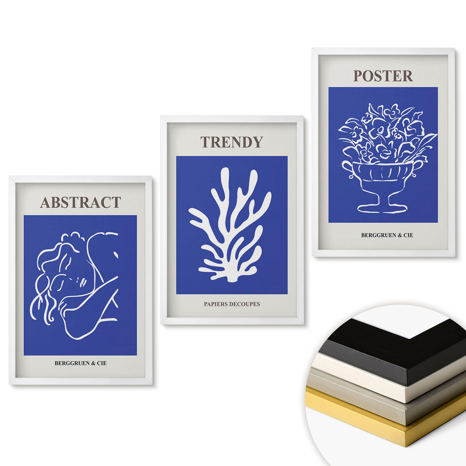 WANDBILDER 3er-Set - 40x60 cm Weißer Rahmen - Stilvolle blaue Poster - Weiß, Kunststoff (40/60cm) - ArtPrintCave